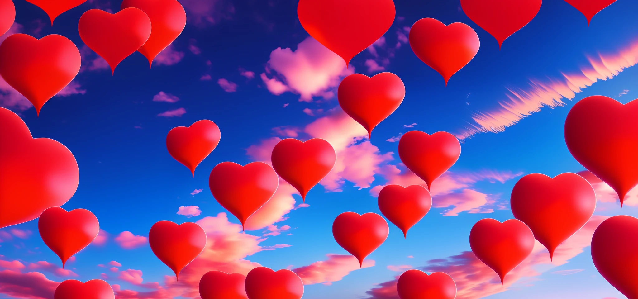 create an image of many bright red hearts in the blue sky with clouds behind --auto --s2