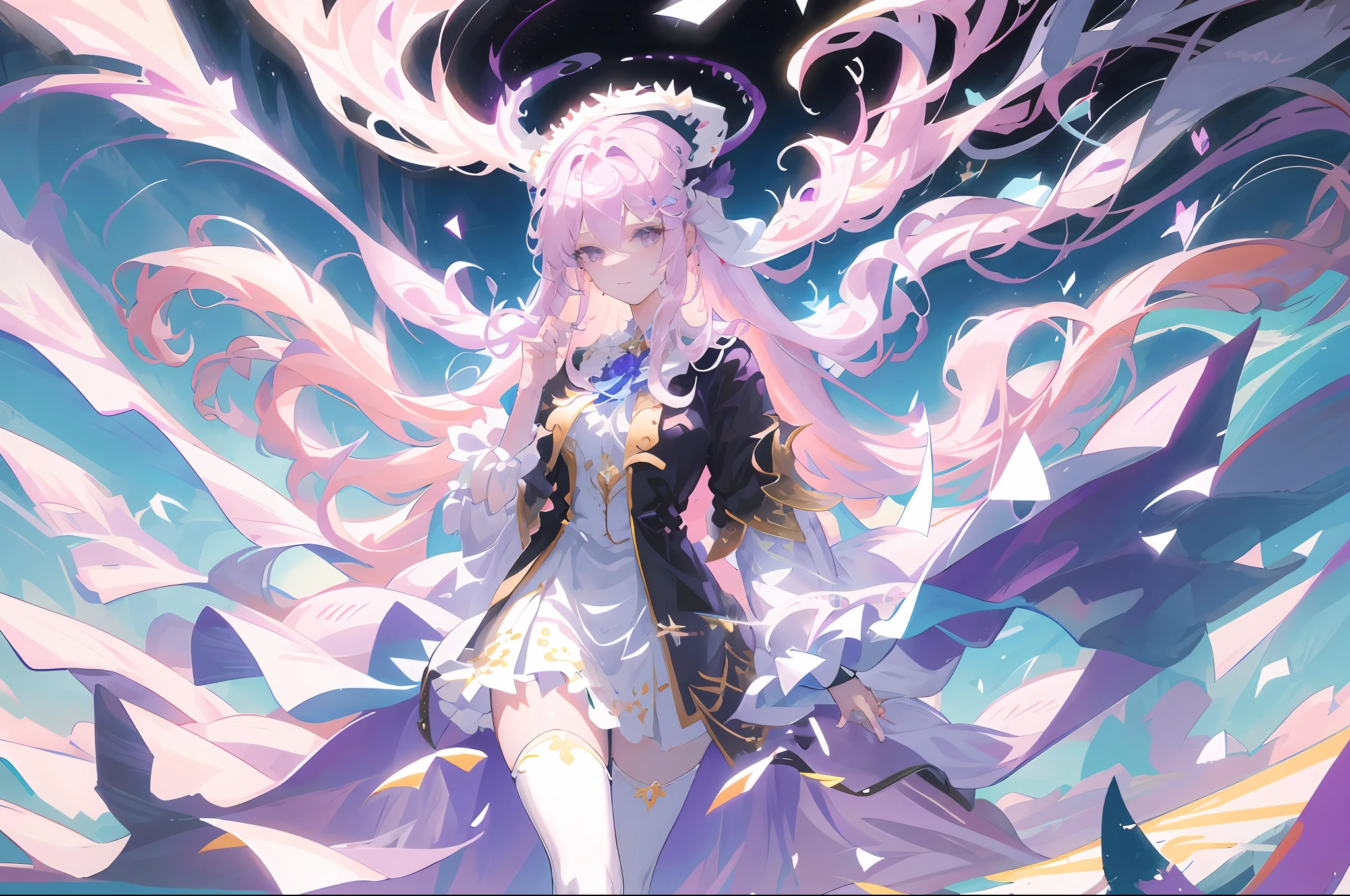 (resoulution ultra-fine CG unity 8k wallpaper,A Masterpiece,Bestquality,Hyperdetailed,The details are intricate),(Best Illumination,best shadows,Extremely refined and beautiful),Bloom,afloat,High Saturation,Perfect female body dynamic angle,( 1 girl Girl), gorgeous, sangonomiya kokomi, looks at the viewer, Light smile, Purple eye, headdress, Gradient hair, PINK HAIR, long long hair, Bow, White printed stockings,Purple bow,Hyperdetailed,fulllllbody