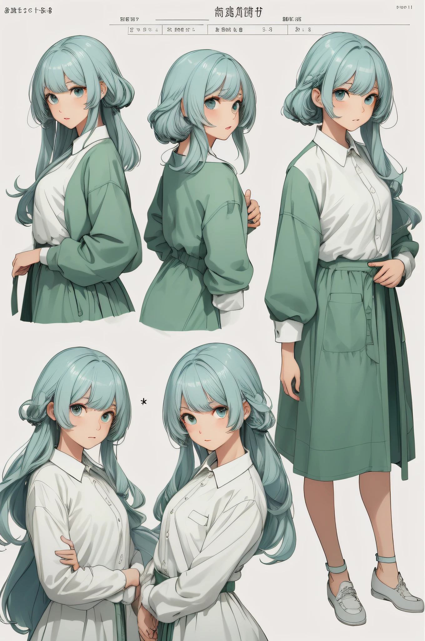 ((masterpiece)),(((best quality))),(character design sheet, same character, front, side, back), illustration, 1 girl, hair color, bangs, hairstyle fax, eyes, environment change scene, Hairstyle Fax, Pose Zitai, Female, Shirt Shangyi, Star, Charturnbetalora, (simple background, white background: 1.3), --6