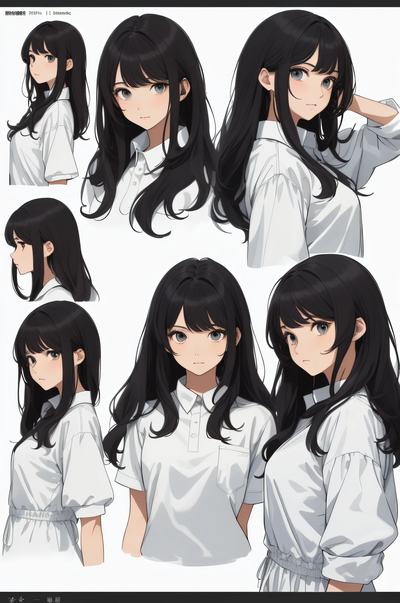 ((masterpiece)),(((best quality))),(character design sheet, same character, front, side, back), illustration, 1 girl, hair color, bangs, hairstyle fax, eyes, environment change scene, Hairstyle Fax, Pose Zitai, Female, Shirt Shangyi, Star, Charturnbetalora, (simple background, white background: 1.3), --6