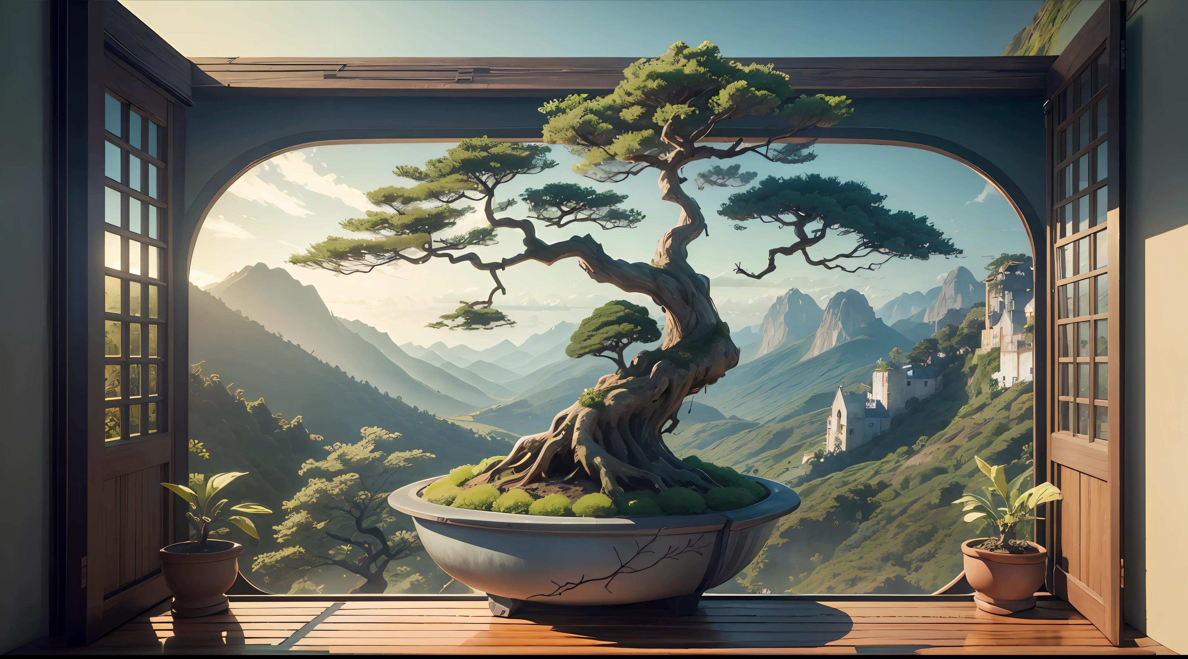 there is a bonsai tree in a pot in front of a window, detailed scenic view, made of tree and fantasy valley, terra na janela, natural window lighting, paisagem hiper-realista, Pintura de paisagem virtual 3D, window view, em diorama floresta pitoresca, vista da janela, janela no centro, foto de uma bela janela, vista a partir de uma janela
,