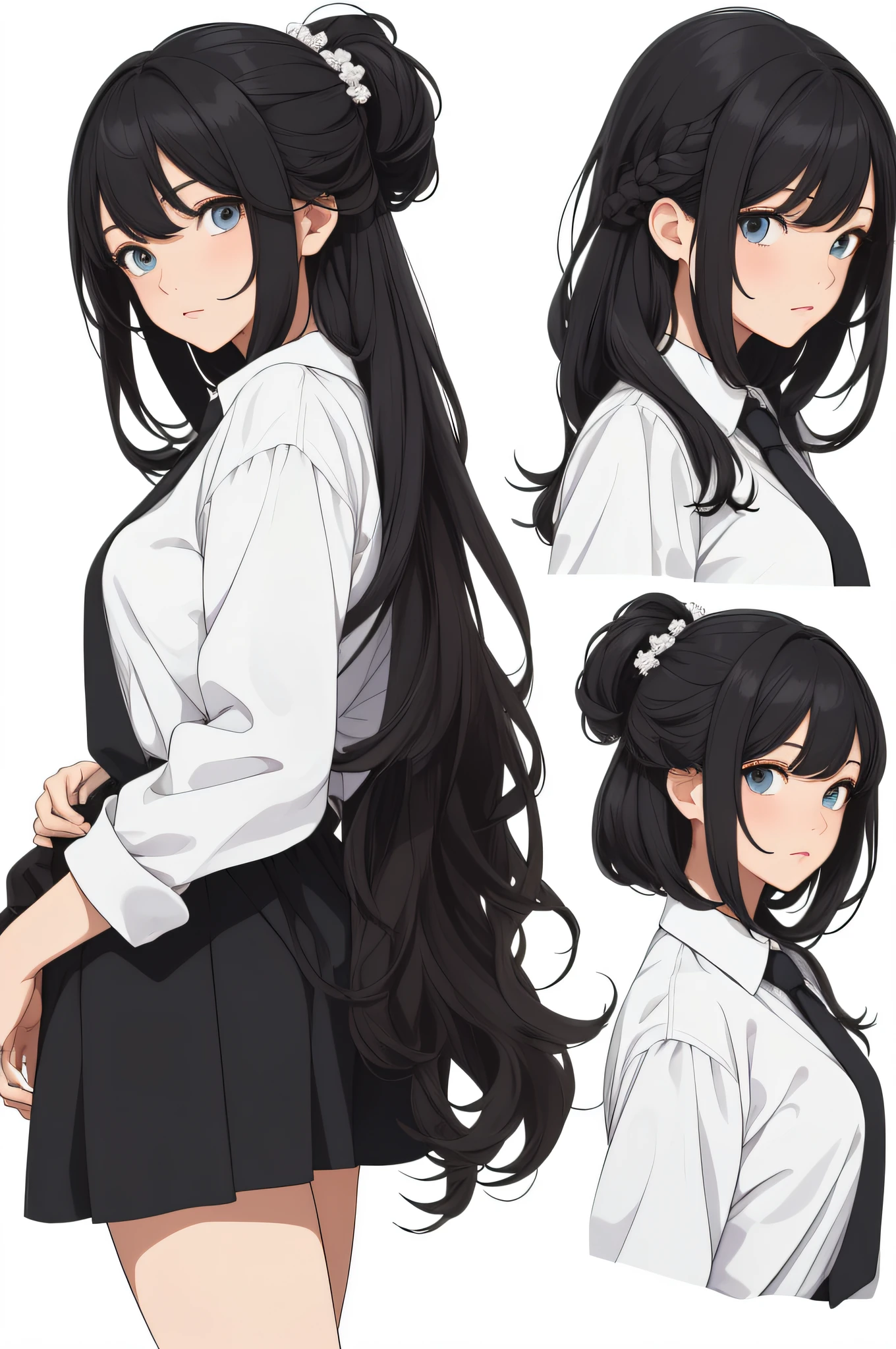 ((masterpiece)),(((best quality))),(character design sheet, same character, front, side, back), illustration, 1 girl, hair color, bangs, hairstyle fax, eyes, environment change scene, Hairstyle Fax, Pose Zitai, Female, Shirt Shangyi, Star, Charturnbetalora, (simple background, white background: 1.3), --6
