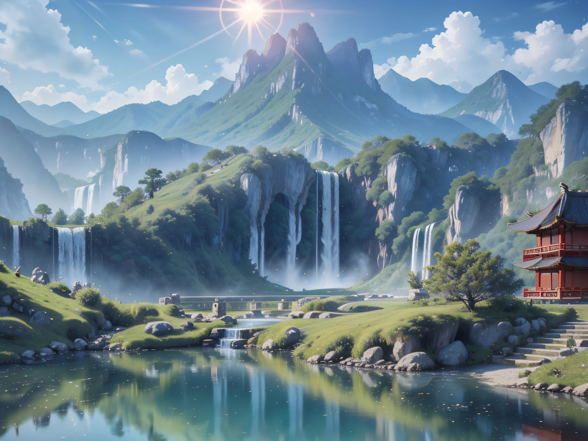 backround, CG, wuxiaworld, chinese old buliding, pond, waterfall come from the mountain top, panorama, ray tracing, reflection light, polar opposites, 8K, masterpiece, best quality, high quality, high details, super detail, highres, UHD