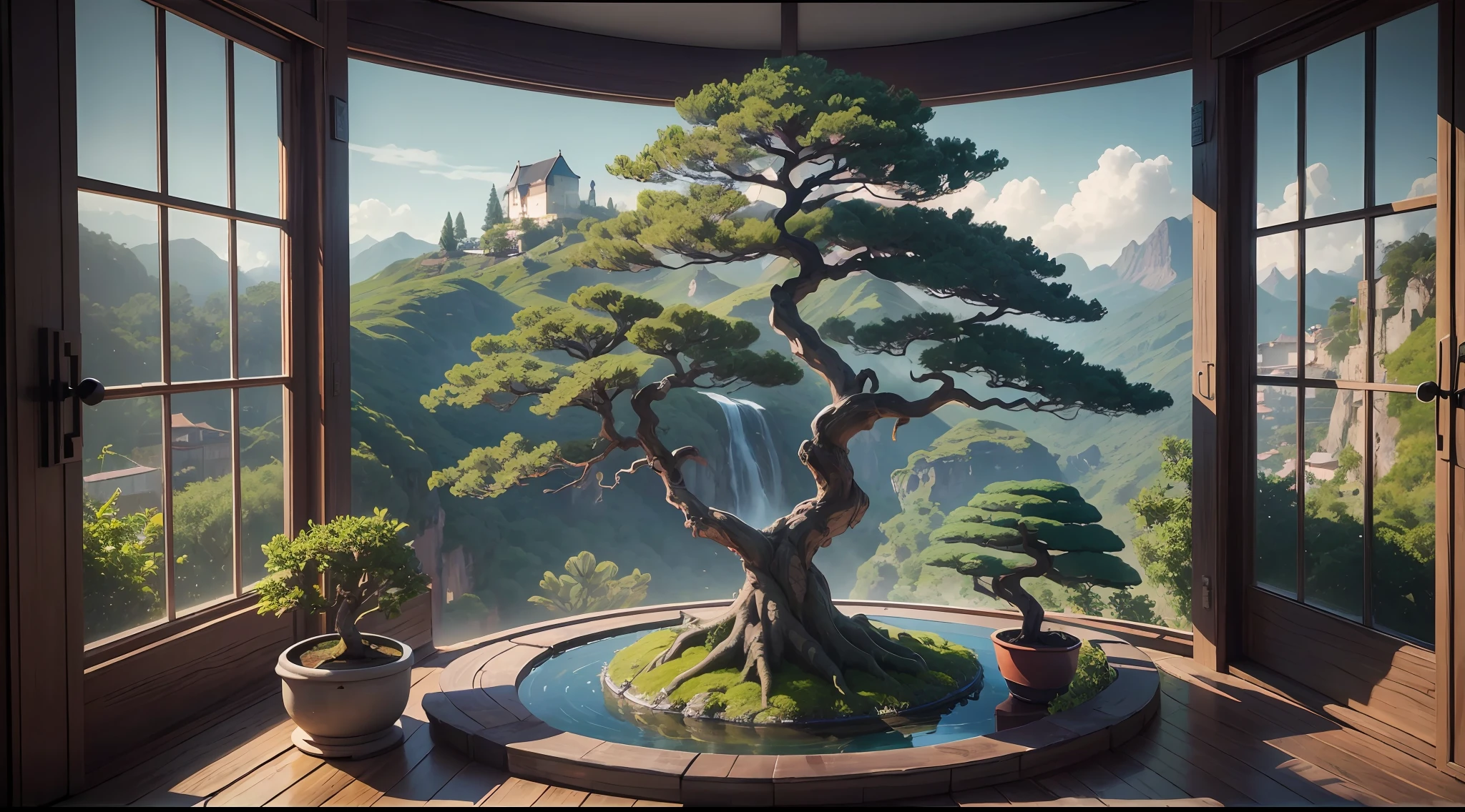 there is a bonsai tree in a pot in front of a window, detailed scenic view, made of tree and fantasy valley, terra na janela, natural window lighting, paisagem hiper-realista, Pintura de paisagem virtual 3D, window view, em diorama floresta pitoresca, vista da janela, janela no centro, foto de uma bela janela, vista a partir de uma janela
,