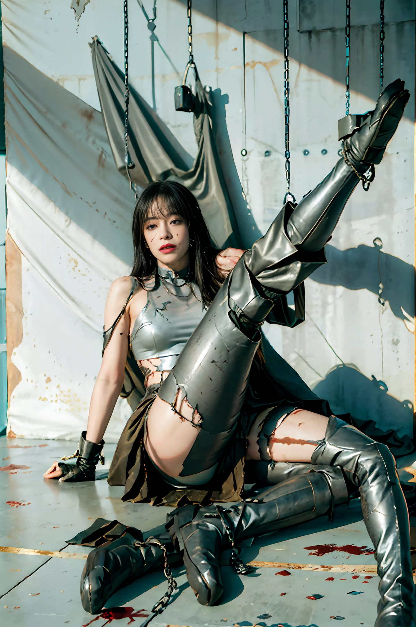 - [ ] ((Hanging upside down with legs spread))、 ((Wearing a torn sheer costume of a superheroine)),((No pantie、No Bra))、wet crotch、wet thighs、 Beautiful girl emphasizing slender abs:1.4、((tip sticking out、the areola protrudes、The shape of the pubic area is clearly visible))、six pack abs:1.4、Bust Botox、large and perfect body、photographic、Sharpness、Unique 850 4、Koda850 k Portrait Camera、 F1.6 lens、ultra-realistic textures、Magnificent light textures、Cinestil 800 Fashion Mechanics、(Futuristic sci-fi battle fashion、Elbow and knee cyberpad、Cyber Long Boots、Cyberglove:1.1)、(Fully tied with a chain)、restraints、Slave、Choker、disdain、((Tears flow、Crying in pain))、sweating、((Large prison with daylight))、dark fantasy、Peeling ceiling、Slab breakage、Rebar between cracks、Realistic material details、 Extreme Detail、Ultra-realistic materials、broken walls、(((Torn costume)))、WET、cloudy、((Chained))、((Big highlighted by chains))、((Chains digging into the crotch))、((Hands tied behind your back、Invisible hand))、(No pantie、No bra)、Shredded costumes、Broken golden shield and battle spear、long combat boots with white knee pads、White combat gloves、Combat shoulder armor、Junkyard、There is blood on the face、Blood is splattered、real、(bruise、Dirty、ripped clothing、revealing clothing、Blood:1.3)、brown Hair、hair long、Torn cloak、Torn pantyhose、Long legs、((Iron pipe in the crotch))、Metallic shackles and fetters、((The crotch is suspended from the ceiling with a chain))、Wet crotch is clearly visible、Swarovski sword and shield at the foot、Anatomical、(Futuristic sci-fi battle fashion、Cracked elbow and knee cyberpad、Torn Cyber Long Boots、Torn Cyber Globe:1.1)、