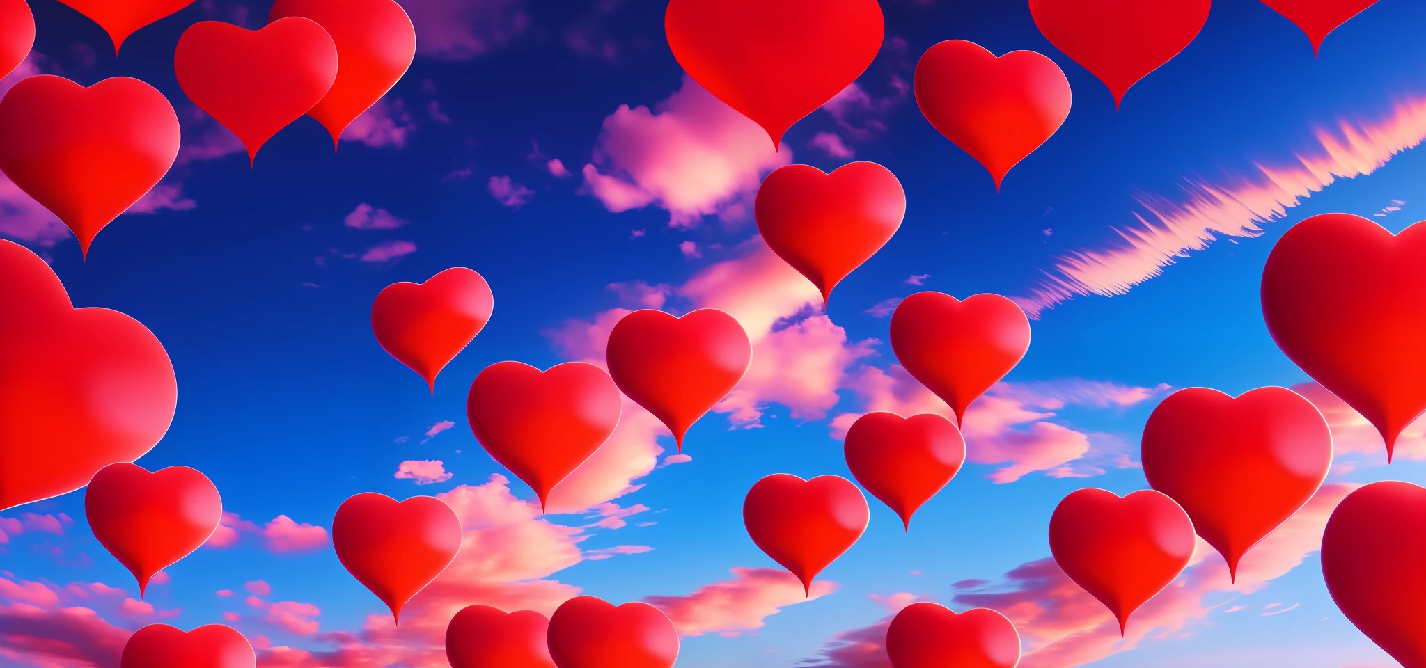 create an image of many bright red hearts in the blue sky with clouds behind --auto --s2