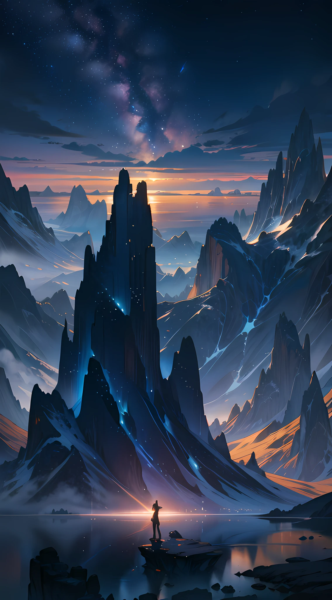 Starry Sky with Mountains and Lake, Jessica Rossier, Inspired by Jessica Rossier, Jessica Rossier Fantasy Art, Concept Art Magic Highlights, Official Artwork, Dream Painting, Ethereal Realm, Atmospheric artwork, dreamy matte paintings, serene endless stars inspired by Ted Nasmith, moonlit starry environments, epic music album covers.