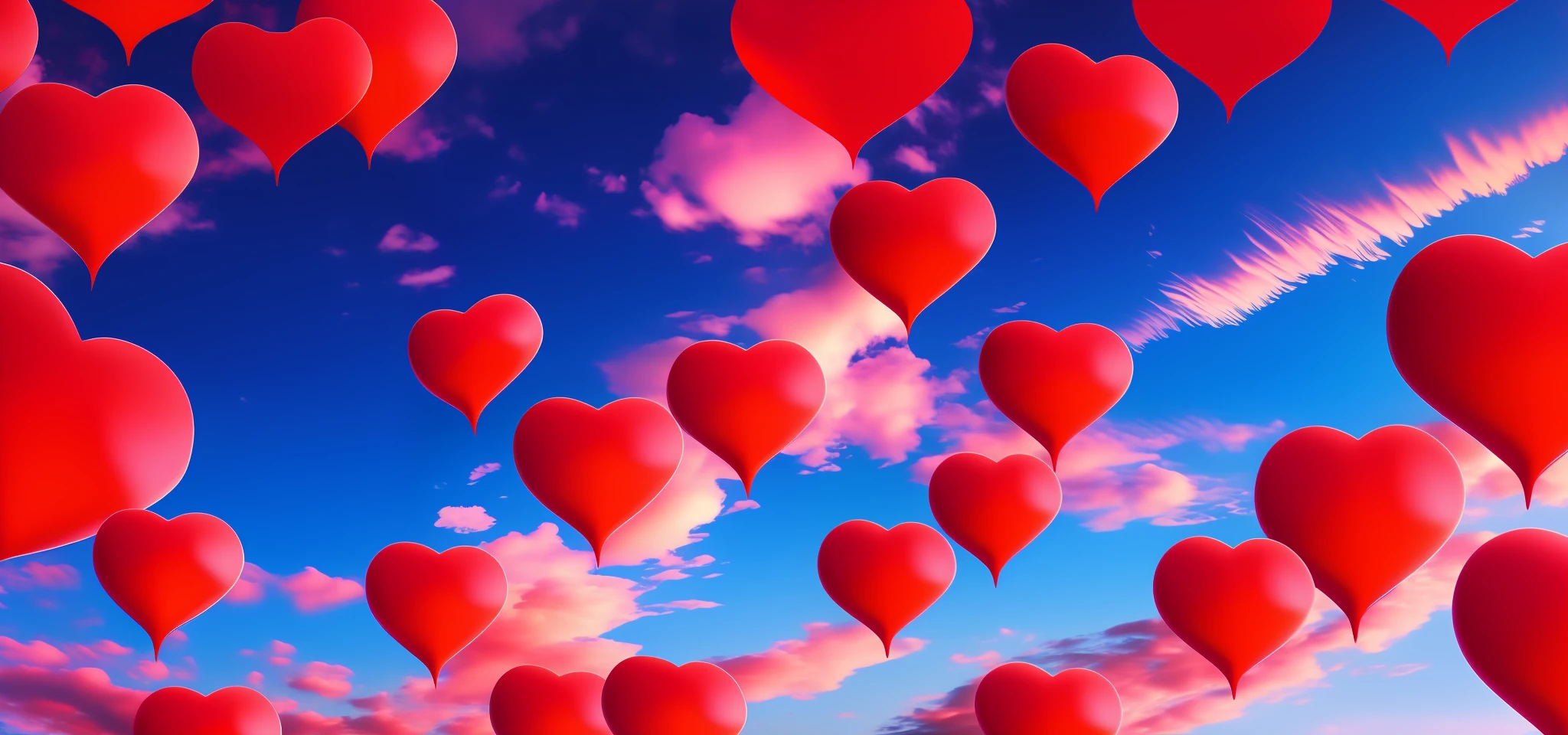 create an image of many bright red hearts in the blue sky with clouds behind --auto --s2