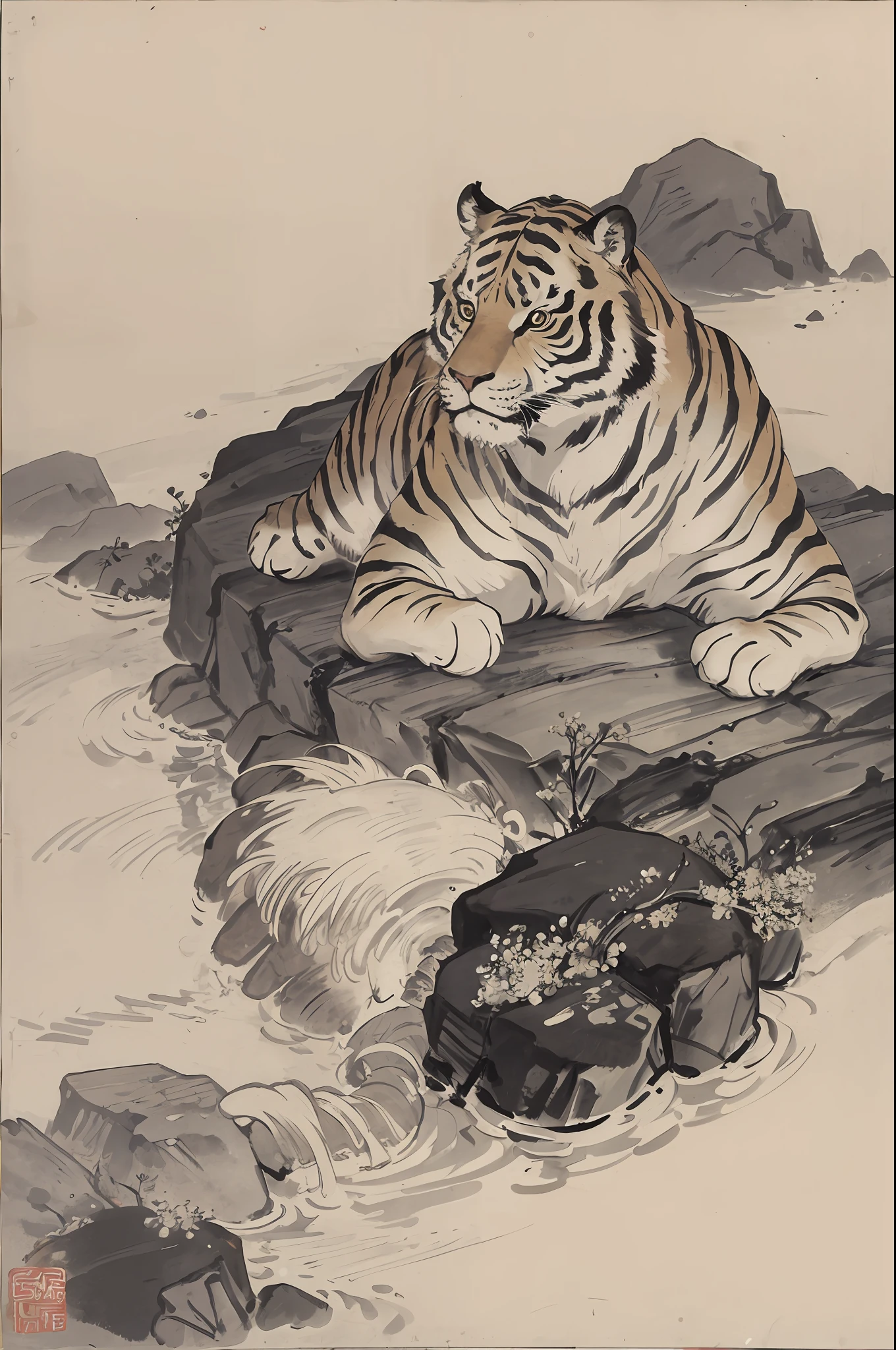 (masterpiece, best quality: 1.2), traditional Chinese ink painting, one mature cute fat tiger and cute baby fat tiger