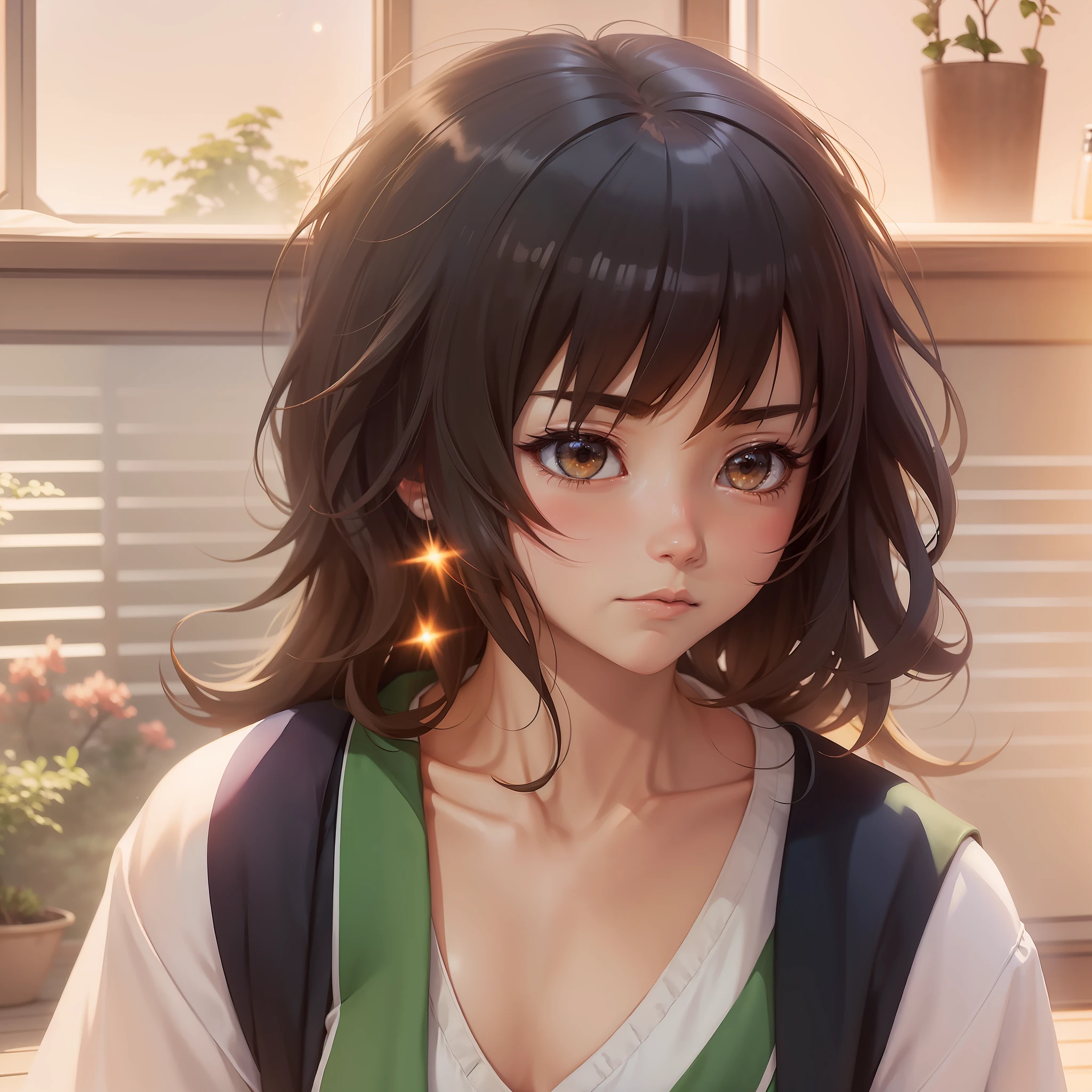 ((Makoto Shinkai anime style,Ultra High Res,cuteness)),high quality,soft,Beautiful picture,(1girl),Pond,willow tree,Sunset,the stars,mist,reflection,(night wear:1.1+Night clothing),(Floor:1.2+windowss),Pair it with red maple,The orange light in the air is quiet and beautiful,Home atmosphere,watercolor effect