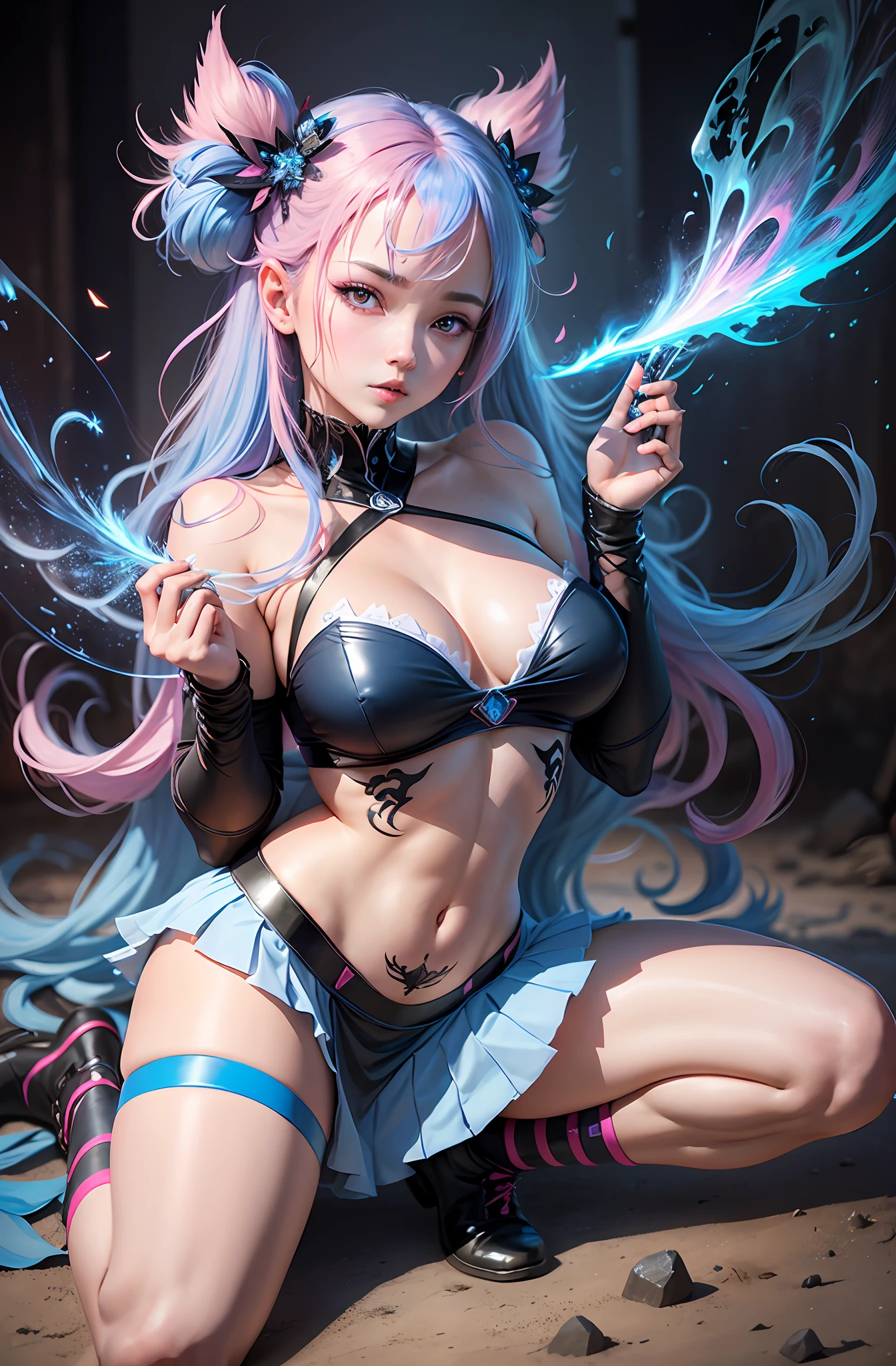 Masterpiece, top quality, pink hair, blue lightning, realistic, realistic details, details. Blue clothes. Blue thunder. Blue crystal. Airborne particles. Blue smoke. Blue crystals around. Blue smoke wafting around. Kneeling. Warping the body. Warping the body. Devil's wings. Tattoo. Tattoo. Get on your knees. School uniform. High school student. jk。
1 girl, beauty, seductive face,, fine skin, anicos_inori,, long hair, navel, parted sleeves, bare shoulders, center opening, cleavage, middle breast, long feathered hair clip, blue hair ornament, red eyes, thigh height,look at viewer,isekai,mini skirt、darkness ochi. Luminous eyes. --auto --s2