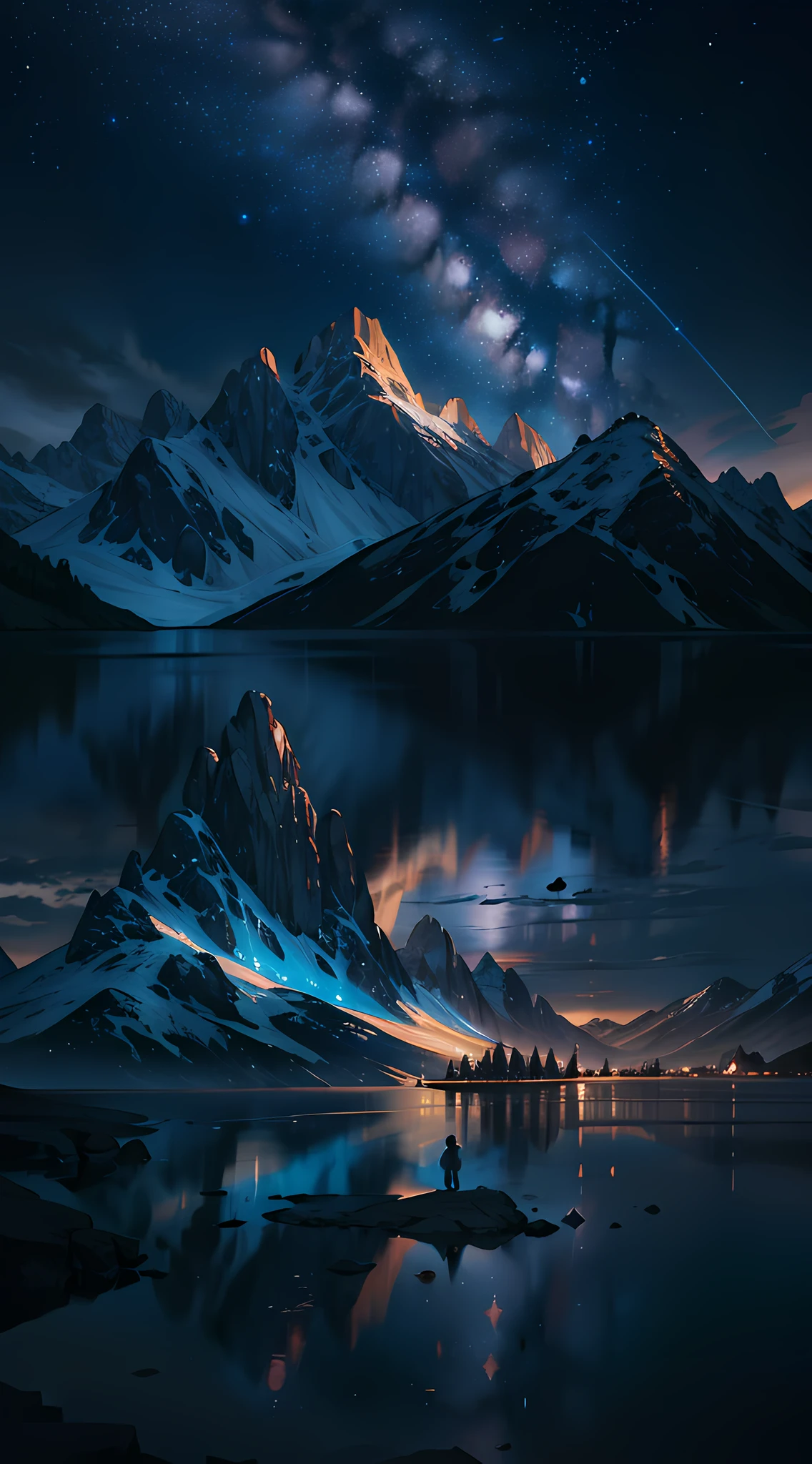 starry night sky with a mountain and a lake, by jessica rossier, inspired by jessica rossier, jessica rossier fantasy art, concept art magical highlight, official artwork, painting of a dreamscape, ethereal realm, atmospheric artwork, dreamy matte painting, tranquility of the endless stars, inspired by Ted Nasmith, moonlit starry sky environment, epic music album cover