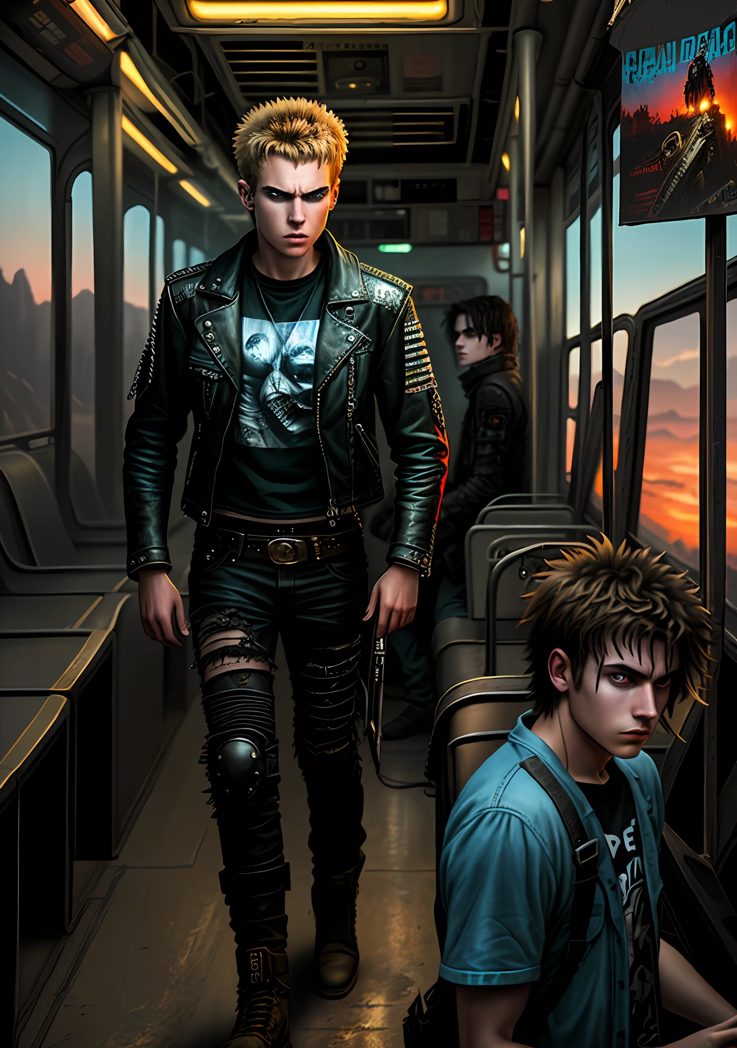 Teenage male rock band, 19 years old, 20 years old, movie poster, mad max, residend evil, high quality, painting, futurism, post apocalyptic, rock band on a bus, sunset, mad max, punk, movie poster, realistic painting art.