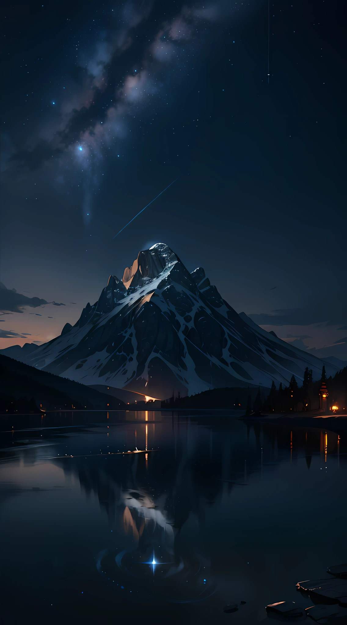 starry night sky with a mountain and a lake, by jessica rossier, inspired by jessica rossier, jessica rossier fantasy art, concept art magical highlight, official artwork, painting of a dreamscape, ethereal realm, atmospheric artwork, dreamy matte painting, tranquility of the endless stars, inspired by Ted Nasmith, moonlit starry sky environment, epic music album cover