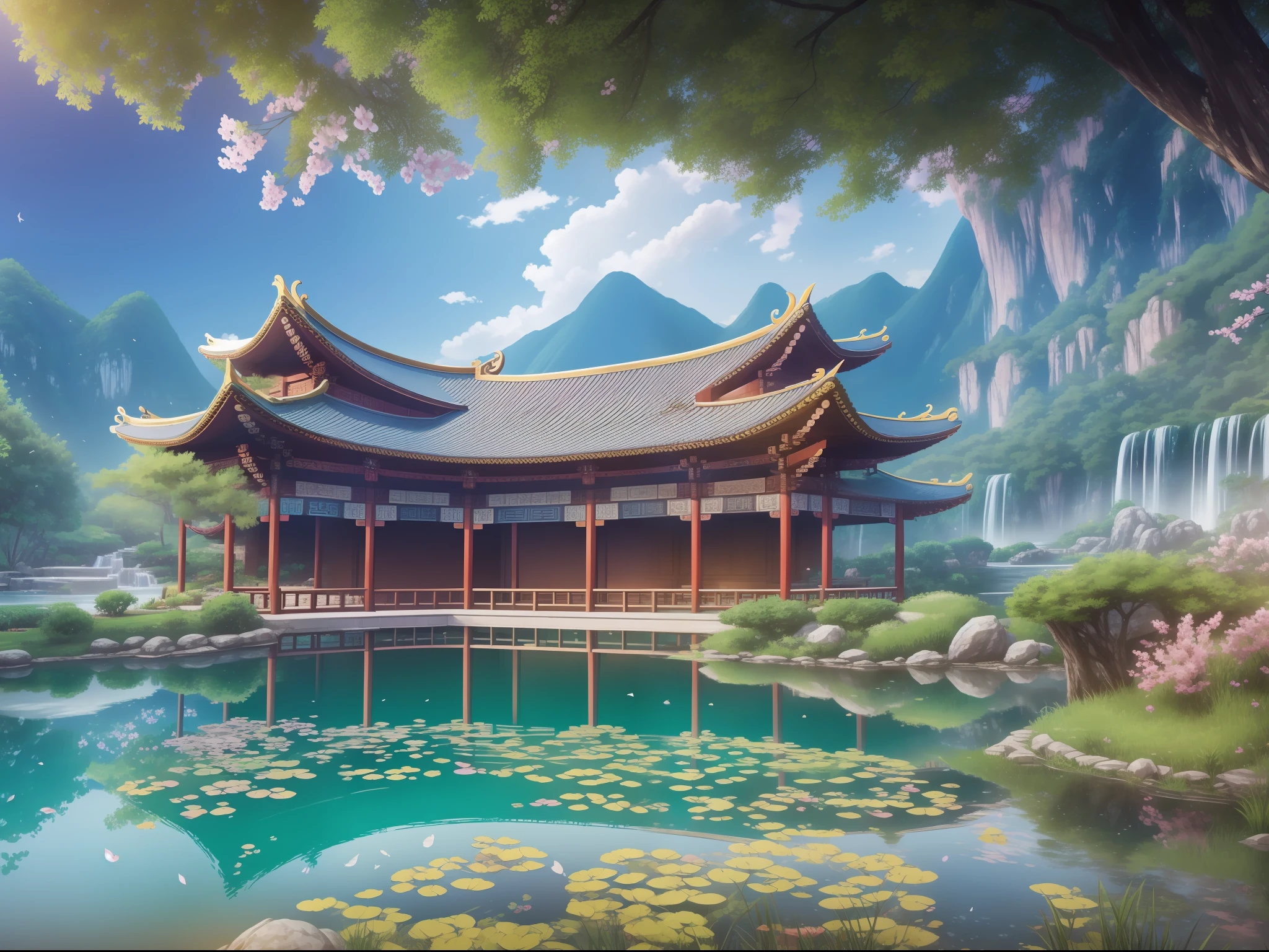 backround, CG, wuxiaworld, chinese old buliding, pond, waterfall come from the mountain top, panorama, ray tracing, reflection light, polar opposites, 8K, masterpiece, best quality, high quality, high details, super detail, highres, UHD