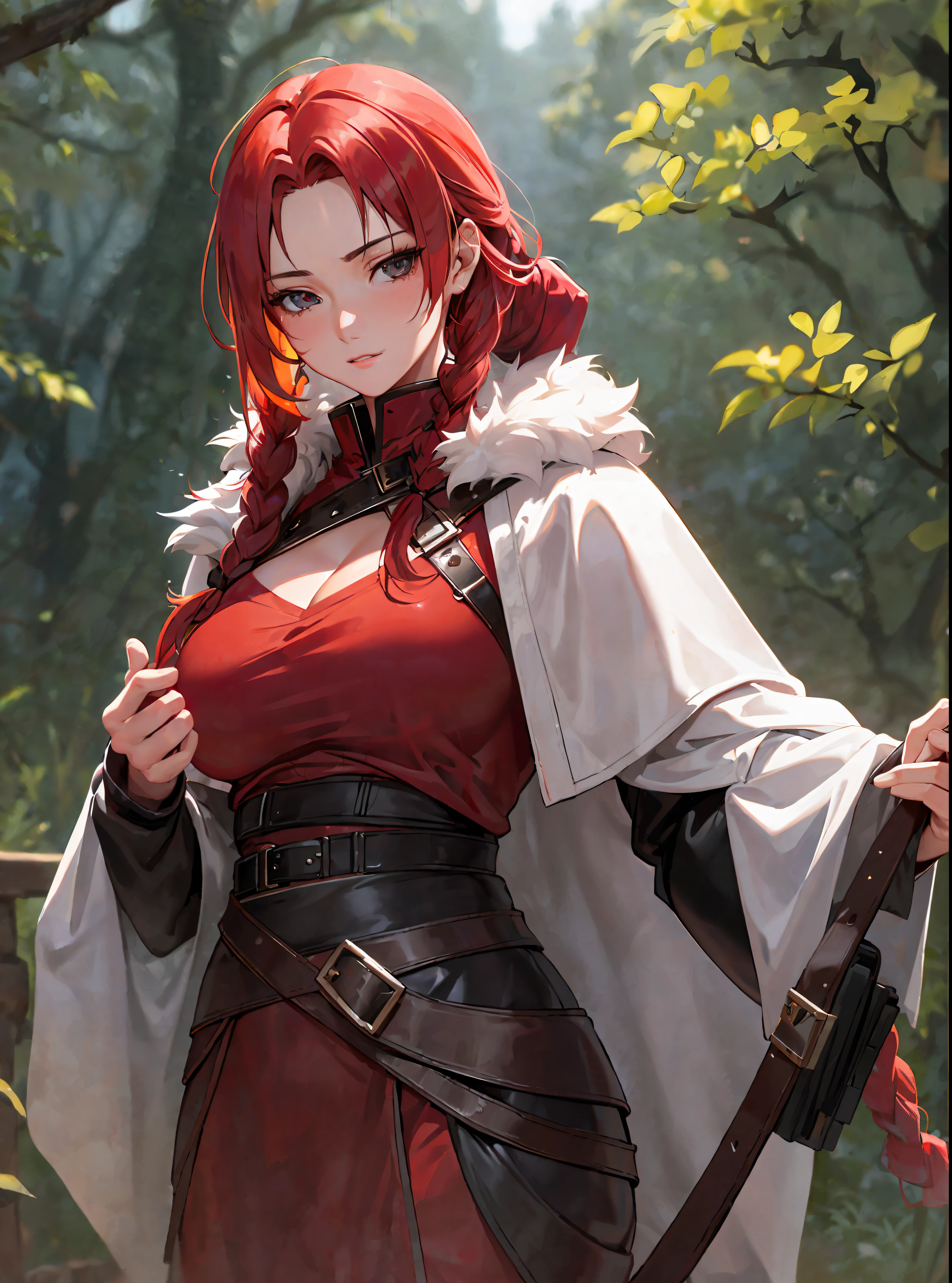 SFW (masterpiece, best quality,4k) a youthful adult woman with very long red hair (ponytail,braid), grey eyes, gray eyes, exploring a forest, medieval clothes, (red robes), (white furs), (black leather armor), viking, scout, mage, rogue, ((large breasts)), ((slim)), head-to-waist portrait, cinematics, color oil painting, cinematic lighting, extremely detailed face, finely detailed face, beautiful face, beautiful eyes, perfect lighting, depth of field, (realistic proportions), (good anatomy), (solo), (1girl)