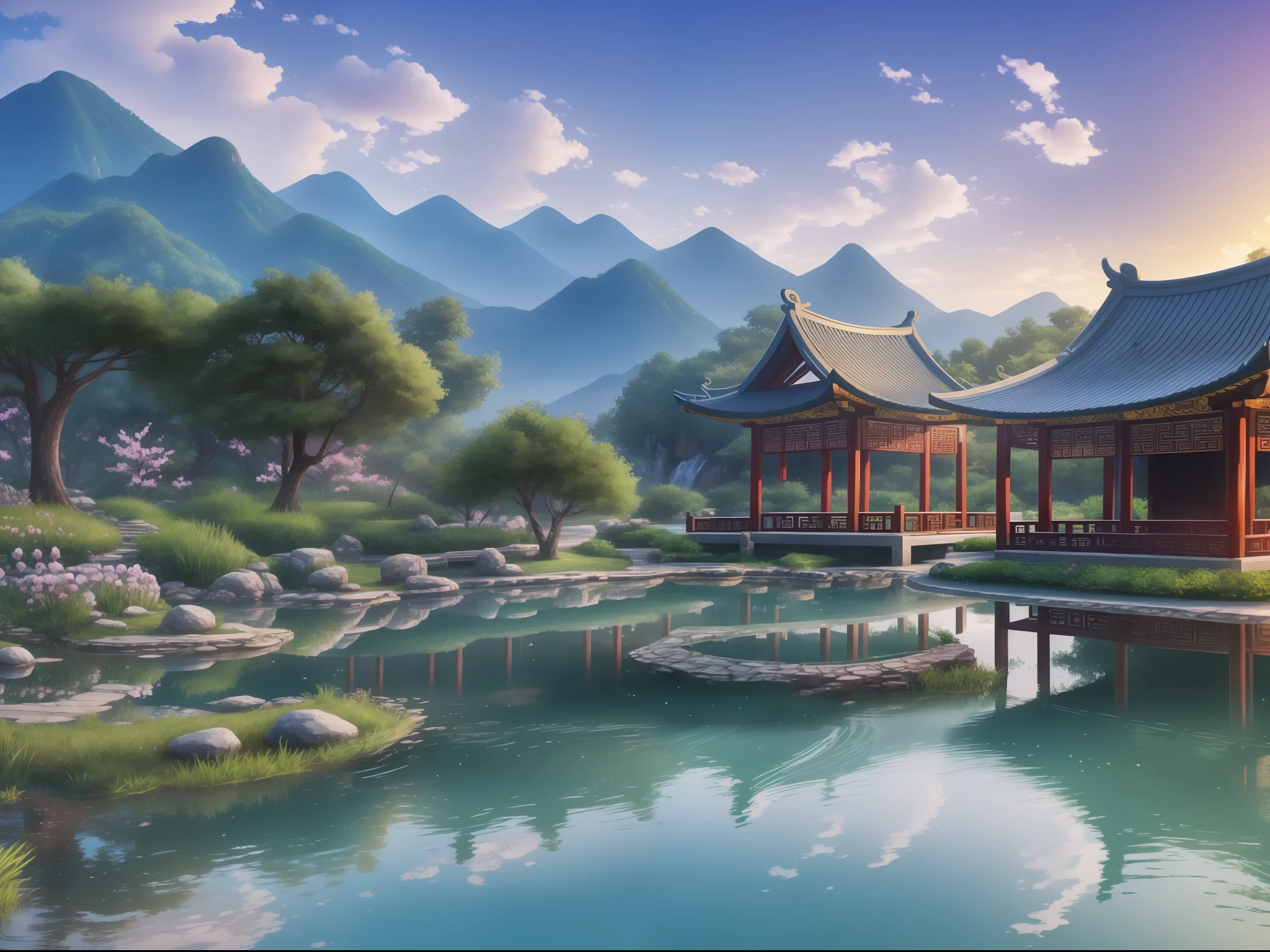 backround, CG, wuxiaworld, chinese old buliding, pond, waterfall come from the mountain top, panorama, ray tracing, reflection light, polar opposites, 8K, masterpiece, best quality, high quality, high details, super detail, highres, UHD