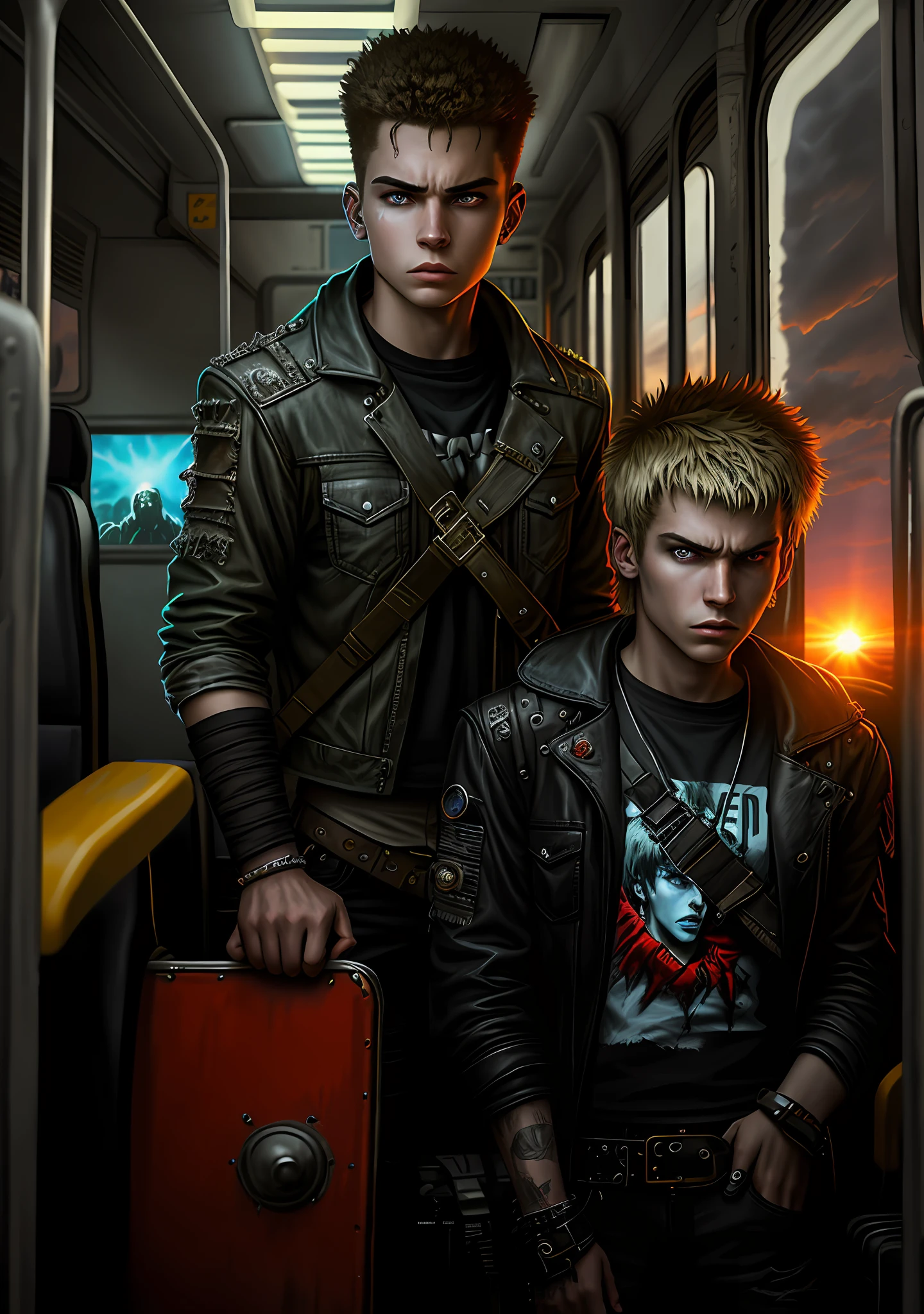 age male rock band, 19 years old, 20 years old, movie poster, mad max, residend evil, high quality, painting, futurism, post apocalyptic, rock band on a bus, sunset, mad max, punk, movie poster, realistic painting art.