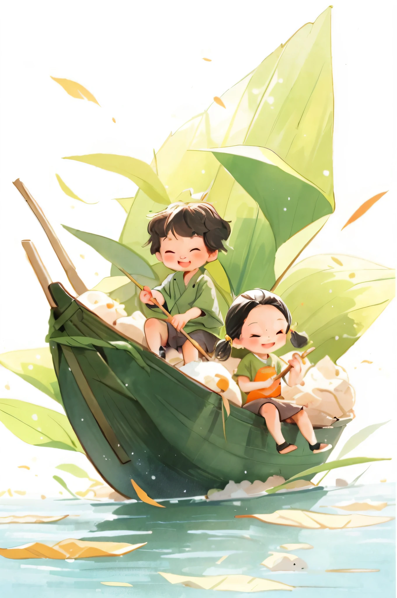 there are two children sitting in a boat on the water, author：Ni Duan, by Yang J, author：Yang Borun, by Qu Leilei, author：Leng Mei, author：Li Song, author：Trebuke, author：Yu Zheding, author：Kuncan, a beautiful artwork illustration, absurdress, kawacy, author：Zhou Fang, by Ye Xin --auto --s2