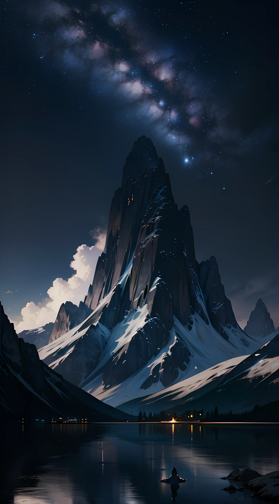 starry night sky with a mountain and a lake, by jessica rossier, inspired by jessica rossier, jessica rossier fantasy art, concept art magical highlight, official artwork, painting of a dreamscape, ethereal realm, atmospheric artwork, dreamy matte painting, tranquility of the endless stars, inspired by Ted Nasmith, moonlit starry sky environment, epic music album cover