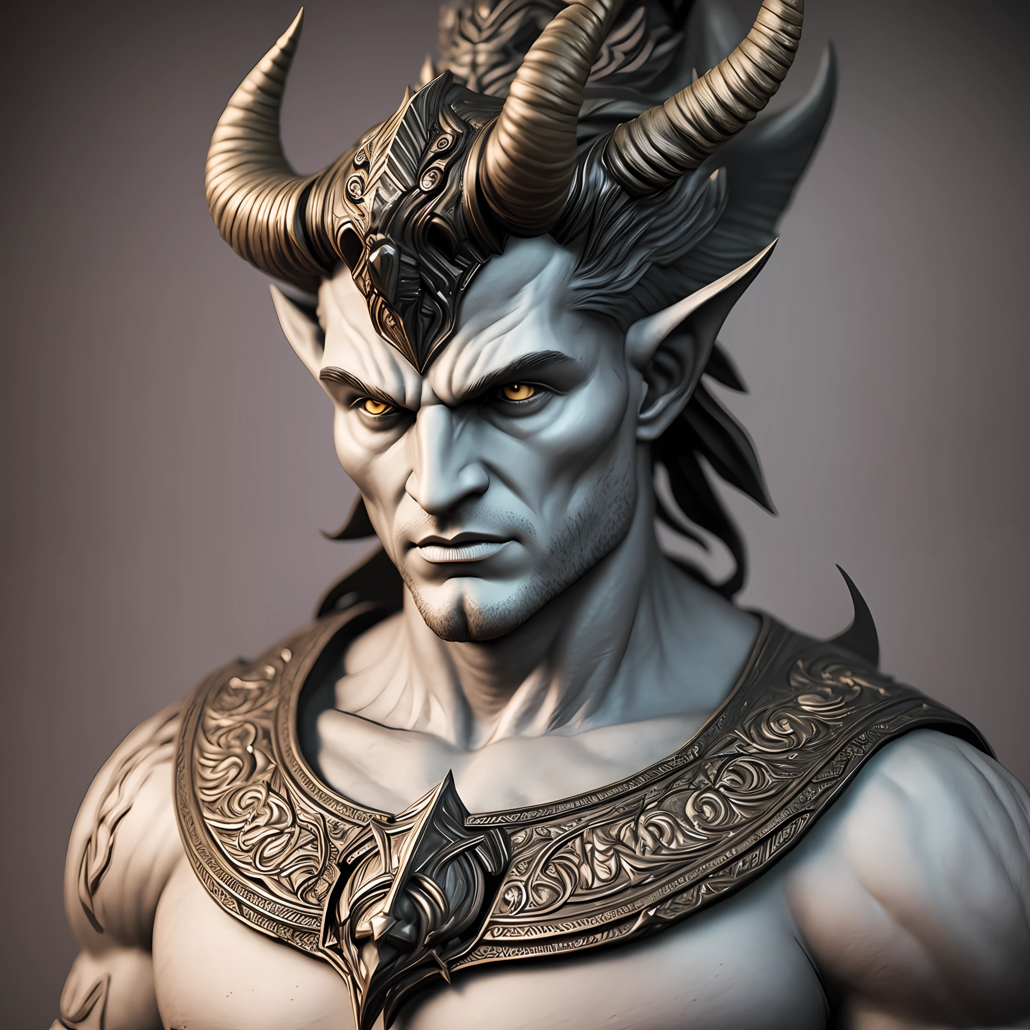 arafed male with horns on his head and a body, digital art inspired by Ryan Barger, zbrush central contest winner, digital art, portrait demon half human, fit male demon with white horns, cinematic bust portrait, hyperdetailed fantasy character, zbrush art, zbrush 3 d render, horned god, extreme detailed face and body, sculpted in zbrush --auto --s2