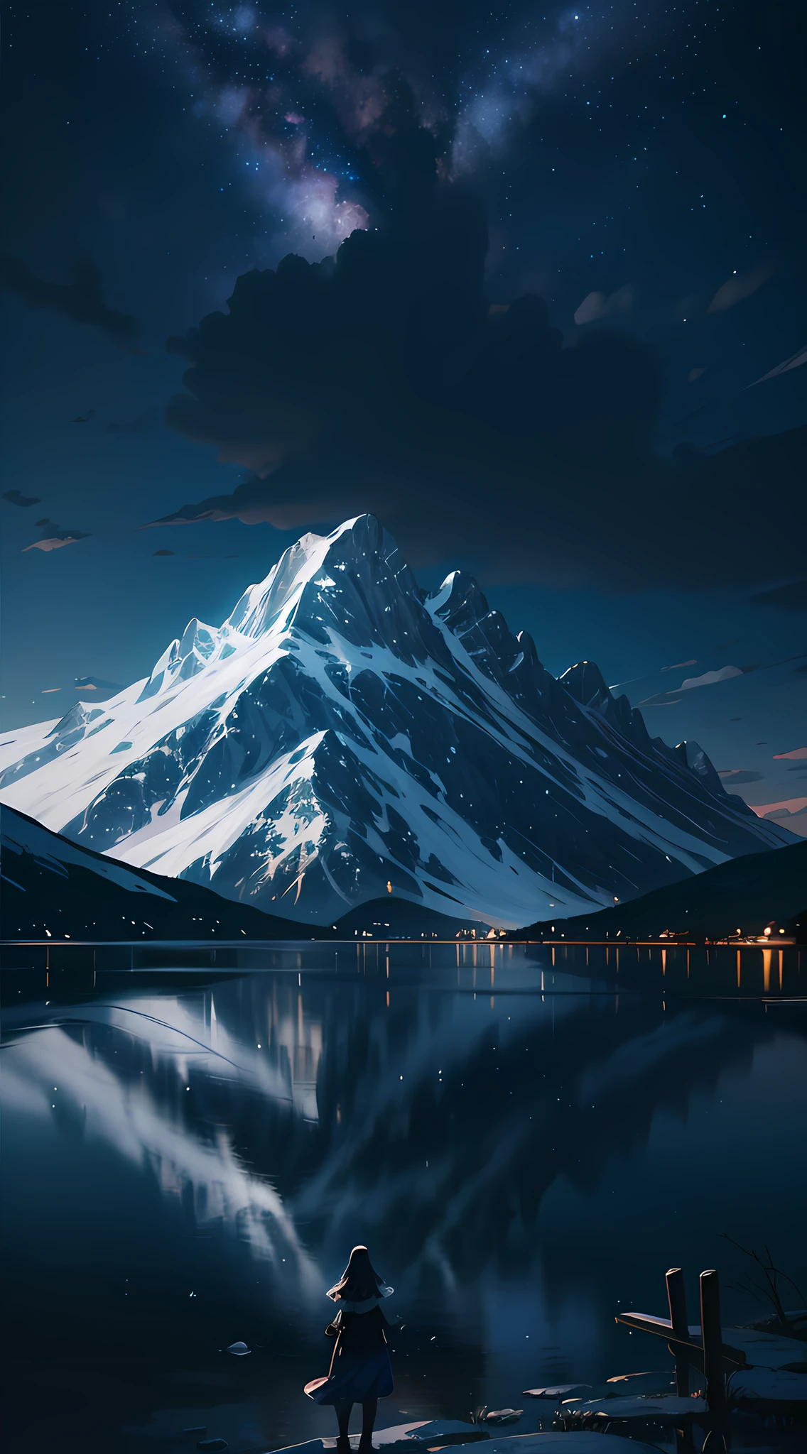 starry night sky with a mountain and a lake, by jessica rossier, inspired by jessica rossier, jessica rossier fantasy art, concept art magical highlight, official artwork, painting of a dreamscape, ethereal realm, atmospheric artwork, dreamy matte painting, tranquility of the endless stars, inspired by Ted Nasmith, moonlit starry sky environment, epic music album cover