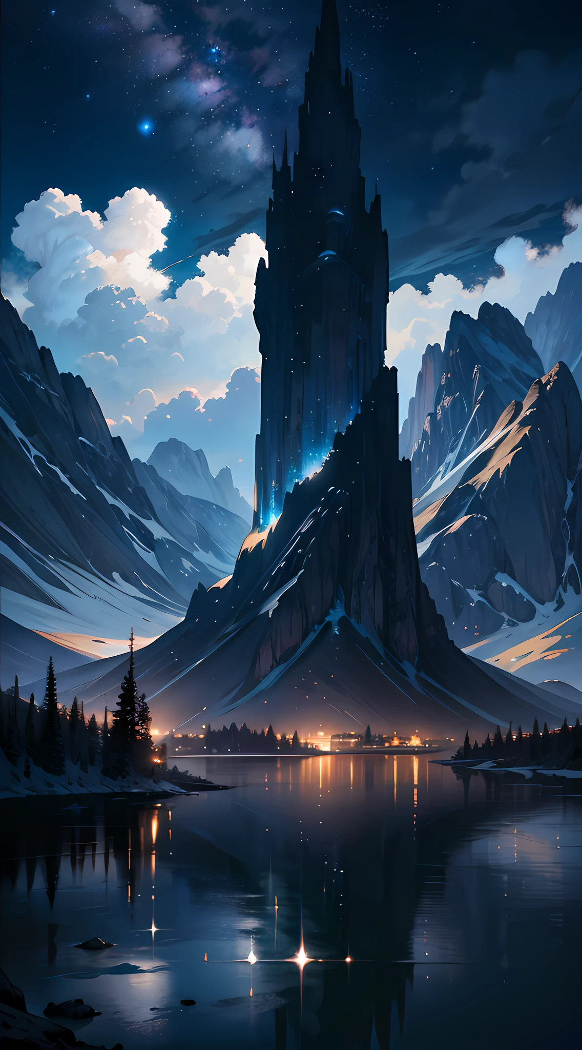 starry night sky with a mountain and a lake, by jessica rossier, inspired by jessica rossier, jessica rossier fantasy art, concept art magical highlight, official artwork, painting of a dreamscape, ethereal realm, atmospheric artwork, dreamy matte painting, tranquility of the endless stars, inspired by Ted Nasmith, moonlit starry sky environment, epic music album cover