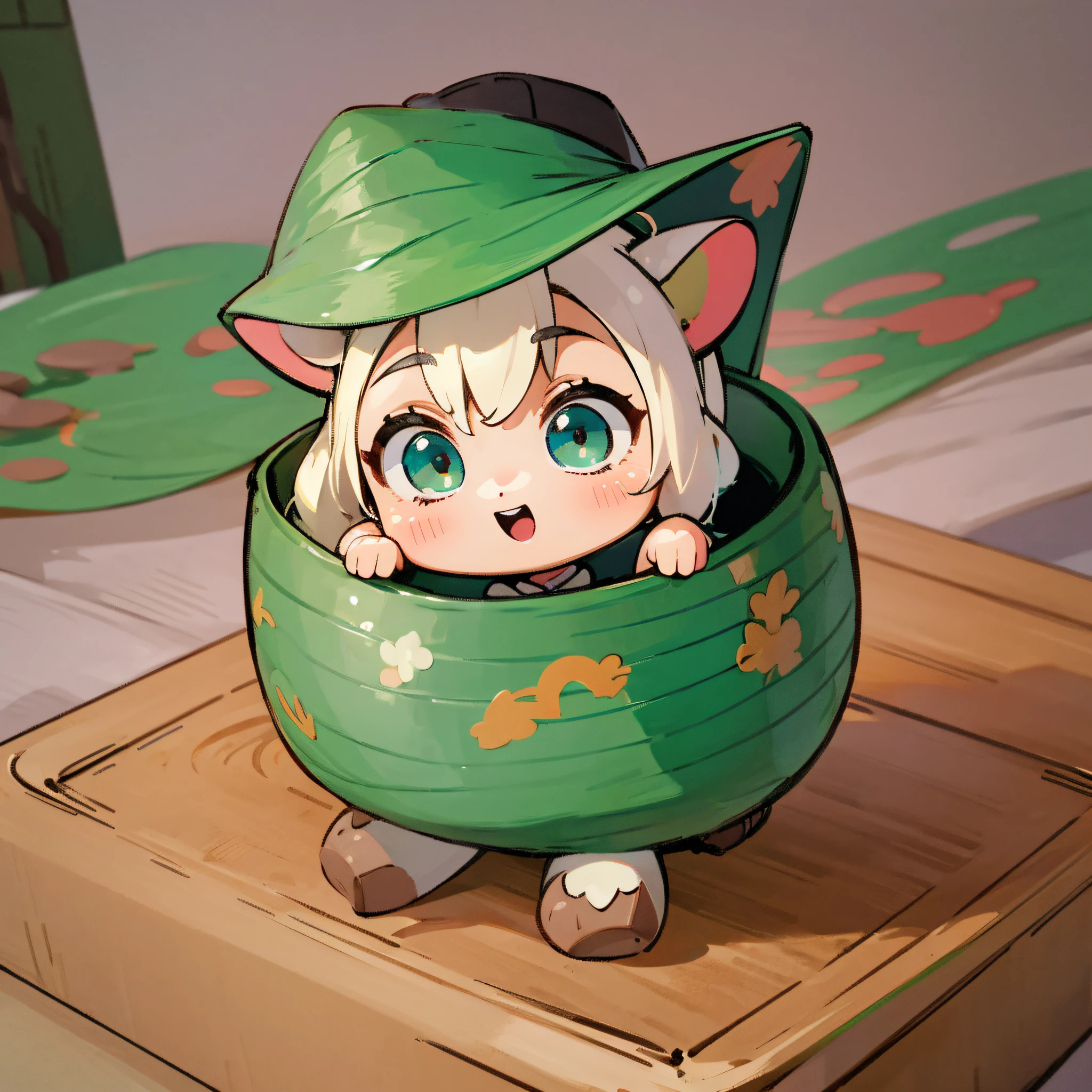 (a small doll with a green triangular hat), (sitting inside a large bowl), cute 3 d render, cute detailed digital art, cute digital art, cute cartoon character, adorable digital painting, cute! c4d, cute character, pop japonisme 3D, (white background), ultra detailed, by Yu Zhiding, 3d model of a japanese mascot, nendoroid 3d, cute forest creature