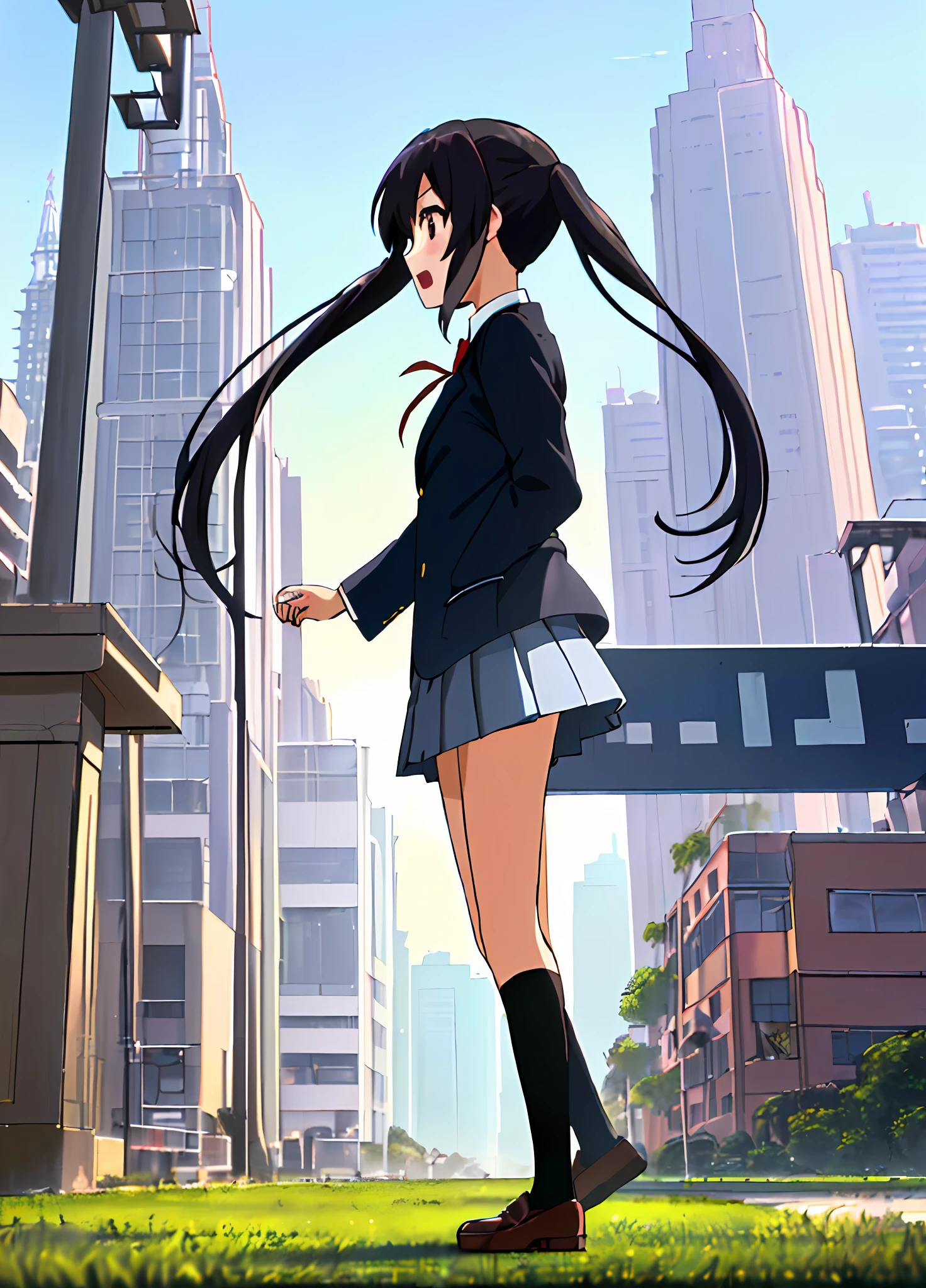 1girl, ((((Masterpiece))), Best Quality, Best Quality, High Detail, Azusa Nakano, 1girl, Sakuragaoka High School Uniform, Musical Instrument, School Uniform, Twin Tails, Long Hair, Black Hair, Brown Eyes, Solo, Red, Dark blue blazer with a thin ribbon of red, Solid white button shirt under blazer, Illustration, Cartoon, Soothing tones, Muted colors, Soft cinematic light, Adobe Lightroom, Photo Lab, HDR, complex and highly detailed, (((depth of field))))). (((Masterpiece))). (((highest quality))).) ((super detail))). (((Illustration))). (((Outside))). (((fighting stance))).,((((Giantization))).dynamic focus.small breasts. (((skyscrapers))). (((Cityscape))). (((Face of sadness))). open mouth.