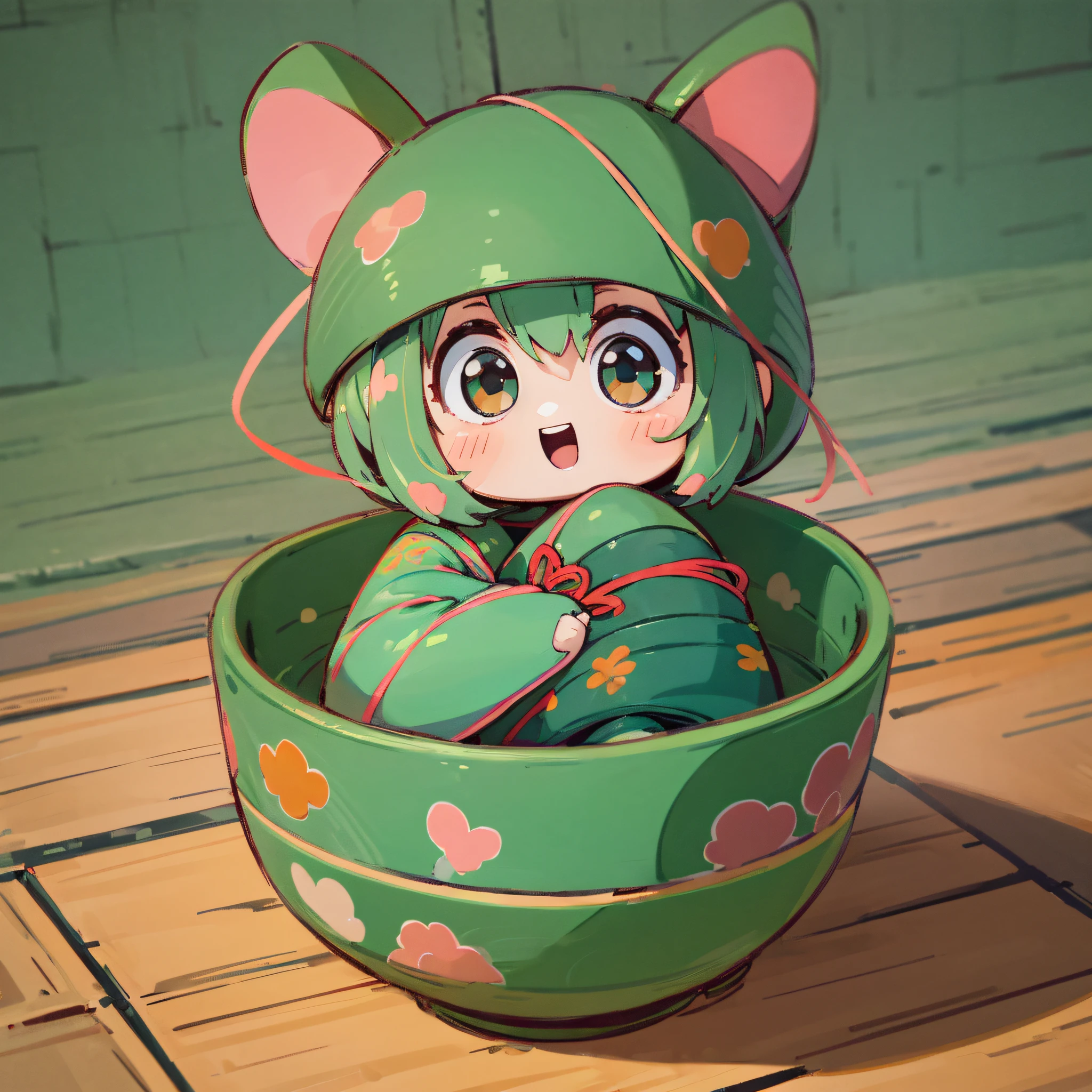 (a small doll with a green triangular hat), (sitting inside a large bowl), cute 3 d render, cute detailed digital art, cute digital art, cute cartoon character, adorable digital painting, cute! c4d, cute character, pop japonisme 3D, (white background), ultra detailed, by Yu Zhiding, 3d model of a japanese mascot, nendoroid 3d, cute forest creature