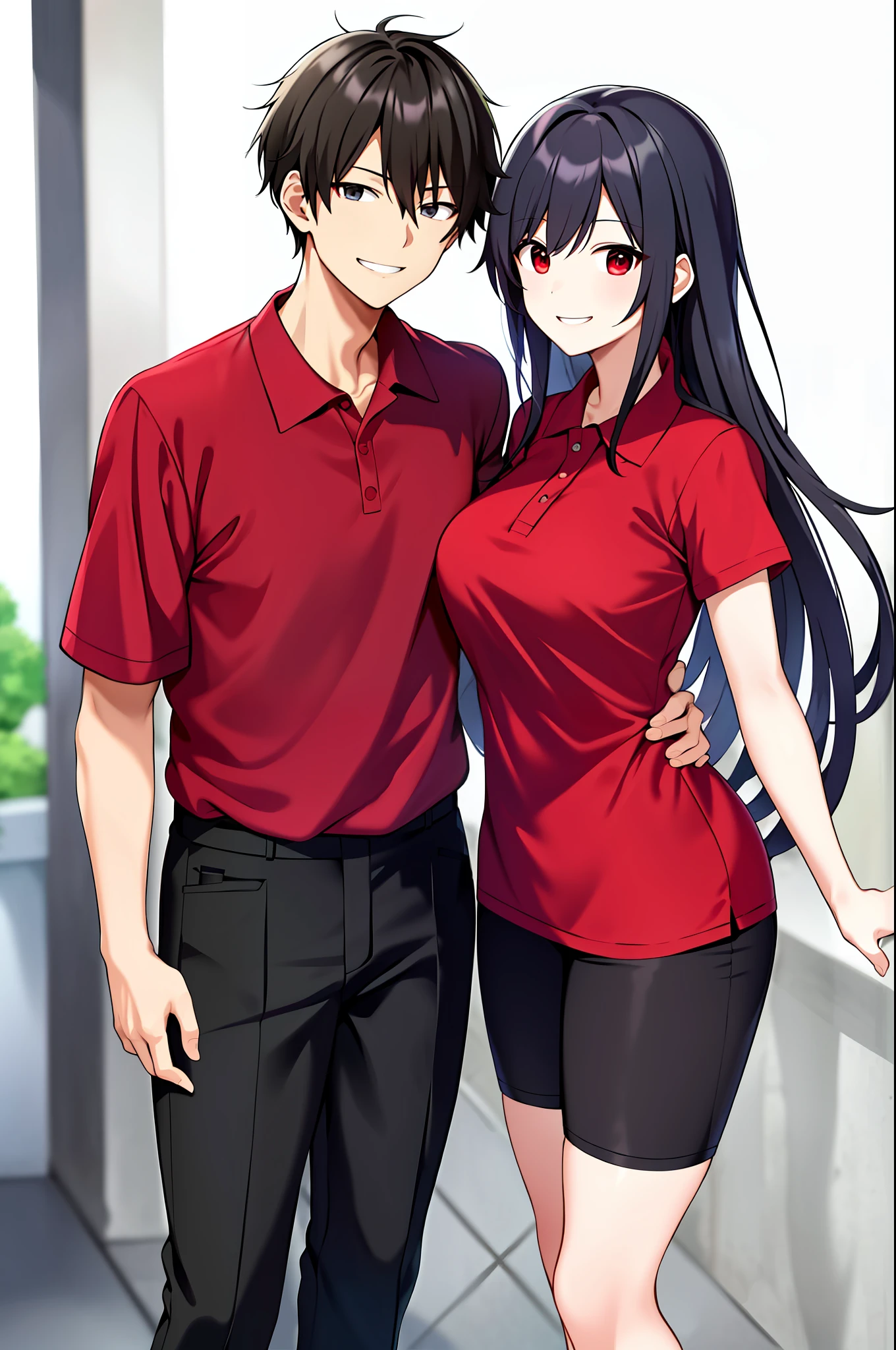 smiling smile、A Masterpiece、Anime filling、Long black pants、Short sleeved red polo shirt、Anime couple in red polo shirt standing next to each other、A Masterpiece、Fine finish、beautiful eye、beatutiful face、Japan people、beautiful anime art、couple、fullllbody、Quality、Standing、fullllbody、Men and women standing side by side,Simple white background、Short sleeve、Long pants red polo shirt