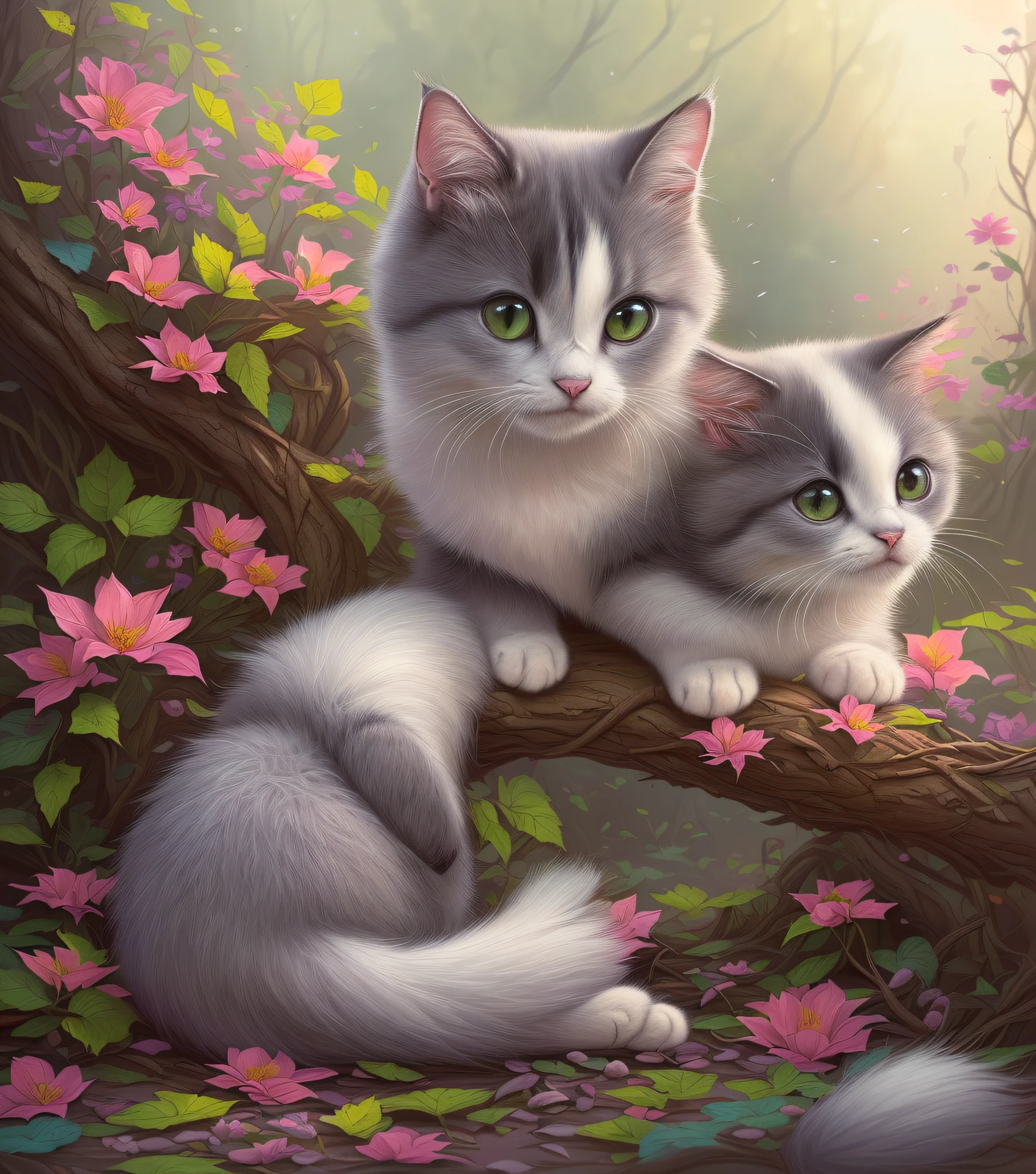 Pencil and charcoal drawing of a cat with beautiful fur made of roots, leaves,flowers, 
pebbles, stones, artistic drawing, hatching shadows, realistic, line art 2, illustration,fluffy, gradient color ((best quality)), digital painting, dreamlike, intricate details, sharp focus, trending on artstation, art by lois van baarle and loish and ross tran and rossdraws and sam yang and samis arts and artgerm, fairy tales, pixar, disney, dreamworks style, surrounded by magical fairies in a dreamlike forest, rendered in intricate detail in a digital painting with sharp focus, inspired by fairy tales and animated movies from pixar, Disney, and dreamworks, and created by the talented artists lois van baarle, Loish, Ross Tran, Rossdraws, sam yang, samis arts, and artgerm, Trending on Artstation, this artwork is sure to capture hearts with its delightful charm, (Chibi:1,3)