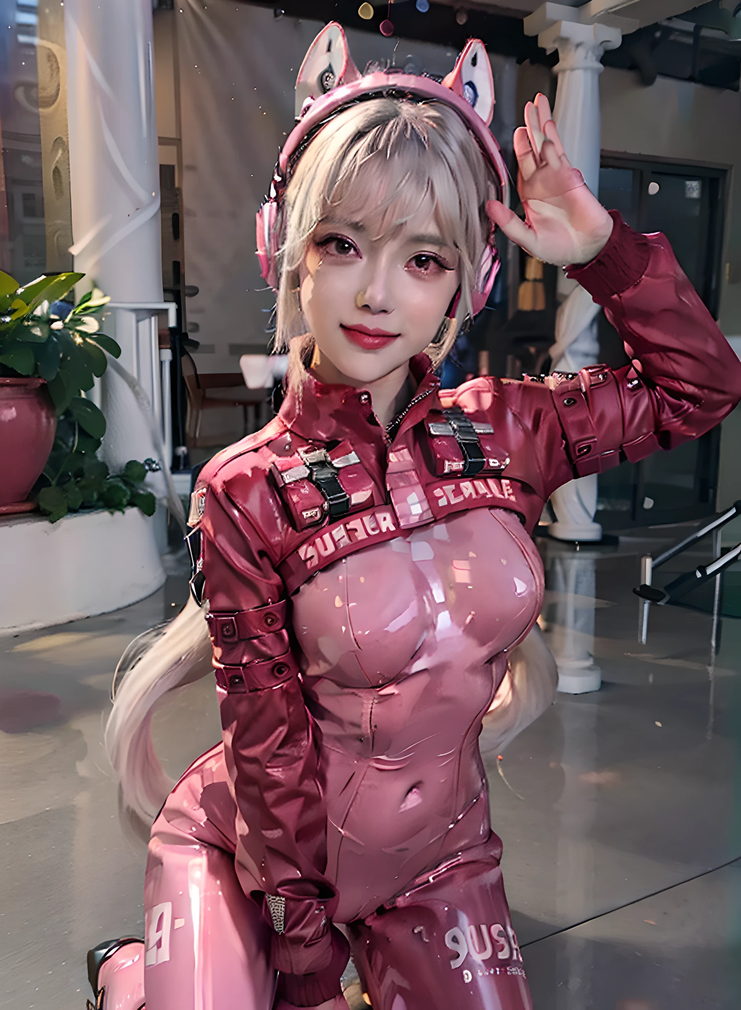 (photorealistic:1.4),best quality, ultra high res,
4k, instagram,
higly detailed,
alice \(nikke\),pink bodysuit,animal ears, fake animal ears, gloves, headphones, headset,
jacket,pink latex bodysuit, pink eyes,twintails, white gloves, white hair,
VirtualGirl-Aim, medium breasts, long hair, crystal pendant, smile,
full body shot,