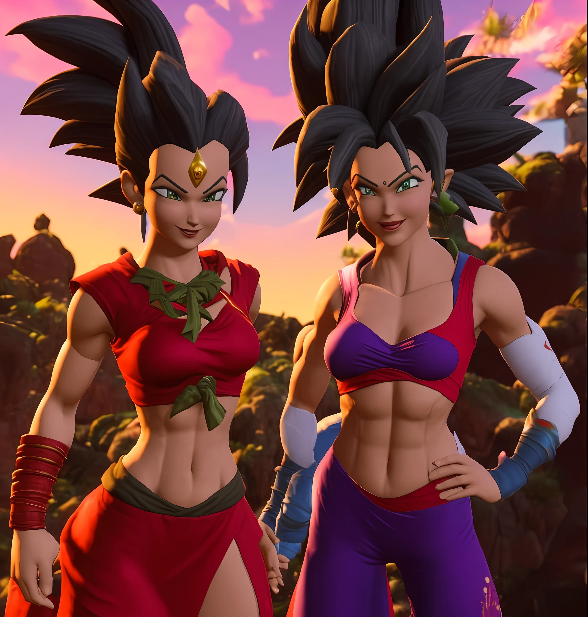 uma imagem  de duas mulheres bem encorpadas em torno dos 18 anos em roupas vermelhas e roxas (insanamente detalhado:1.5), mulher saiyajin, pose, Personagens Caulifla e Kale