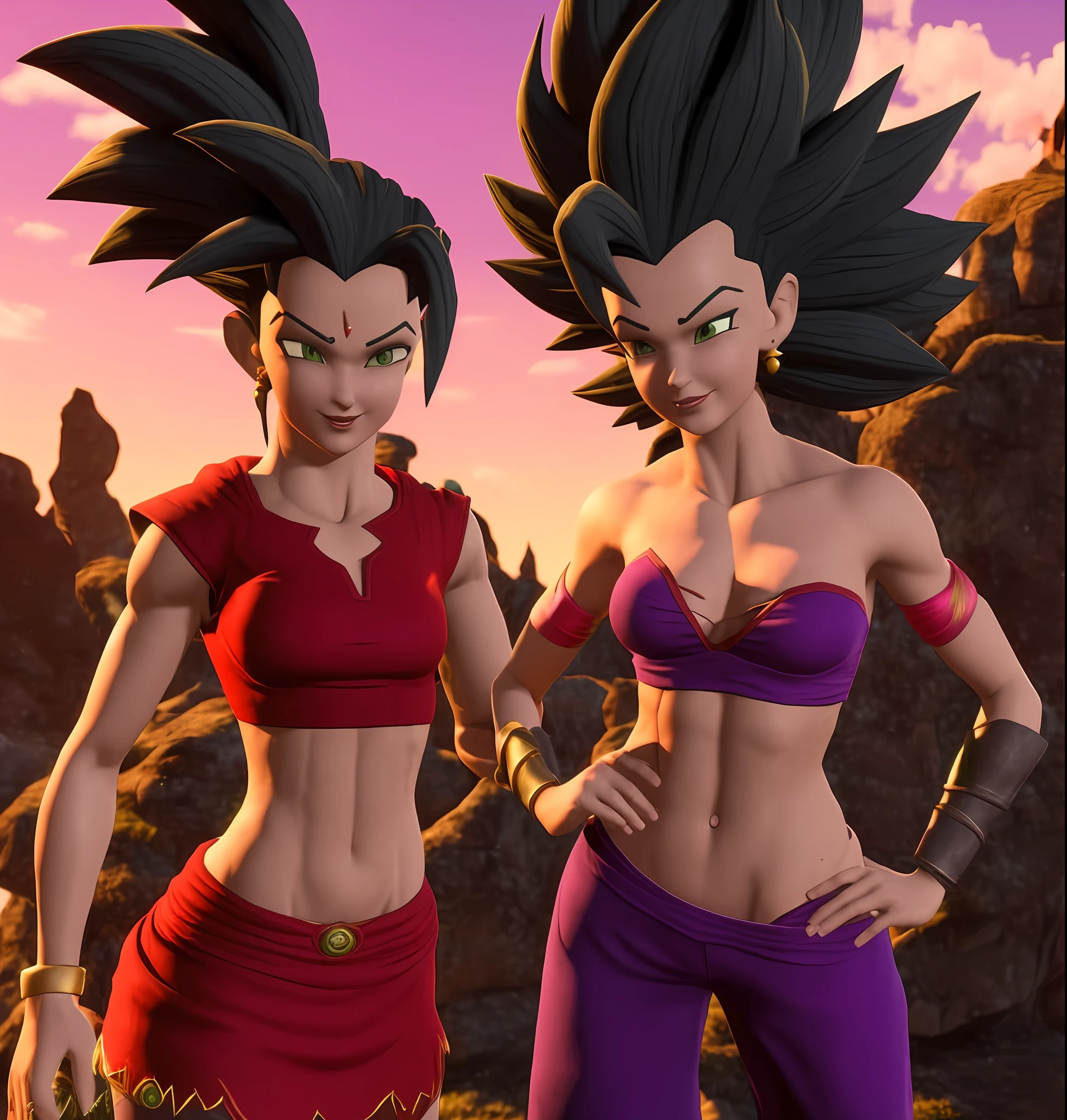 uma imagem  de duas mulheres bem encorpadas em torno dos 18 anos em roupas vermelhas e roxas (insanamente detalhado:1.5), mulher saiyajin, pose, Personagens Caulifla e Kale