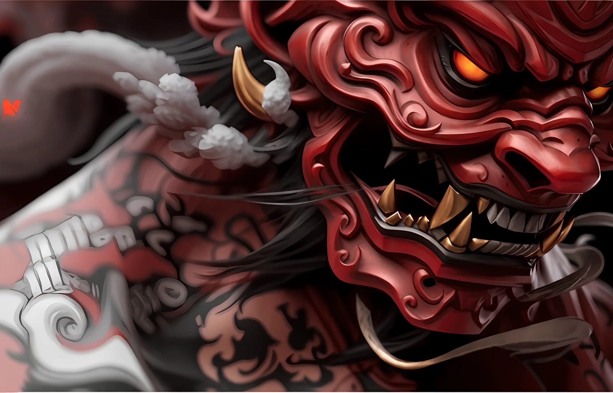 a full view of a red demon statue with a large head, villain wearing a red oni mask, samurai with demon mask, demon samurai mask, oni mask, demon samurai, by Kanō Tan'yū, hyper detailed digital art, intricate ornate anime cgi style, demon samurai warrior, tengu mask, portrait shot, onmyoji detailed art