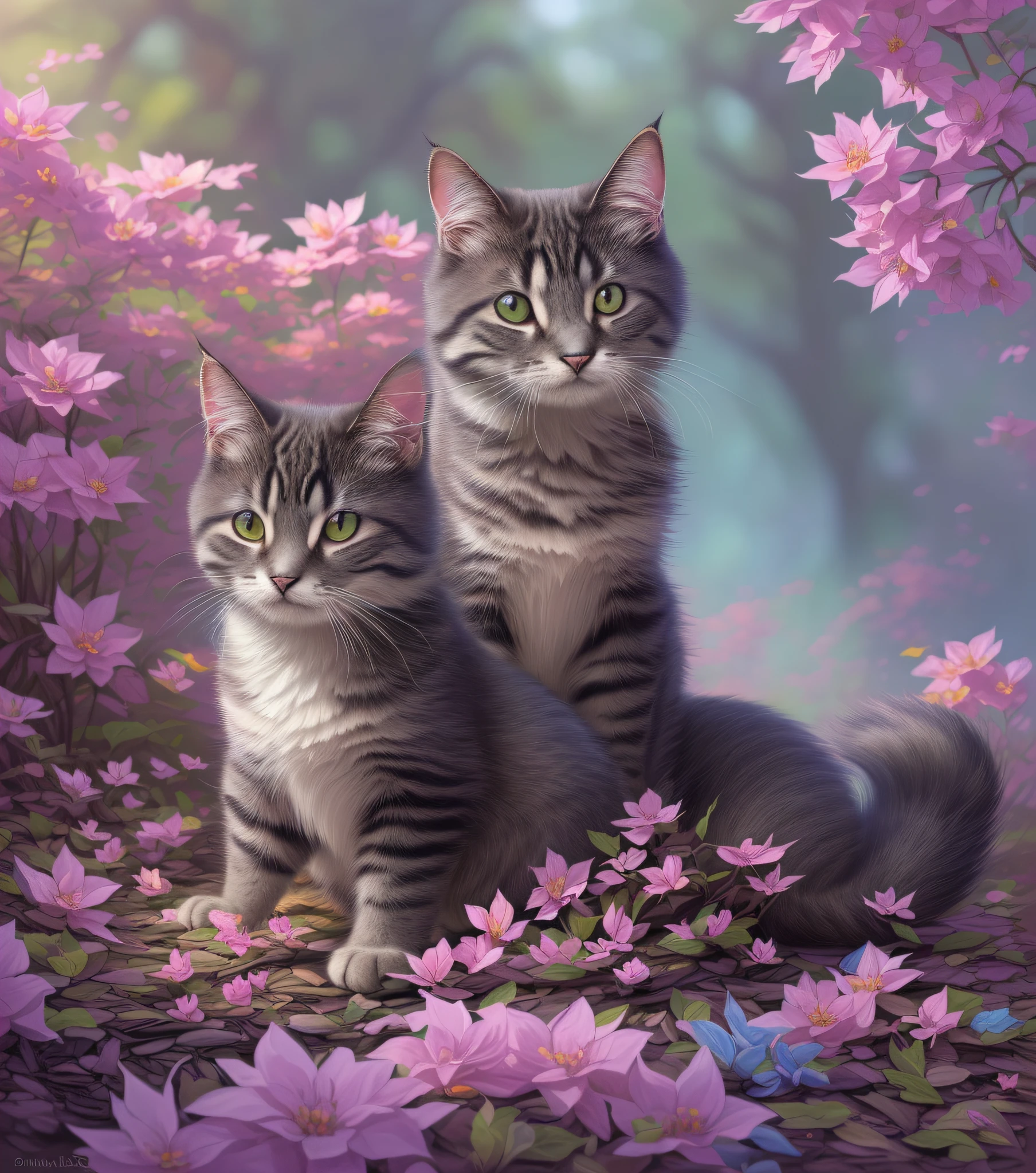 Pencil and charcoal drawing of a cat with beautiful fur made of roots, leaves,flowers, 
pebbles, stones, artistic drawing, hatching shadows, realistic, line art 2, illustration,fluffy, gradient color ((best quality)), digital painting, dreamlike, intricate details, sharp focus, trending on artstation, art by lois van baarle and loish and ross tran and rossdraws and sam yang and samis arts and artgerm, fairy tales, pixar, disney, dreamworks style, surrounded by magical fairies in a dreamlike forest, rendered in intricate detail in a digital painting with sharp focus, inspired by fairy tales and animated movies from pixar, Disney, and dreamworks, and created by the talented artists lois van baarle, Loish, Ross Tran, Rossdraws, sam yang, samis arts, and artgerm, Trending on Artstation, this artwork is sure to capture hearts with its delightful charm, (Chibi:1,3)