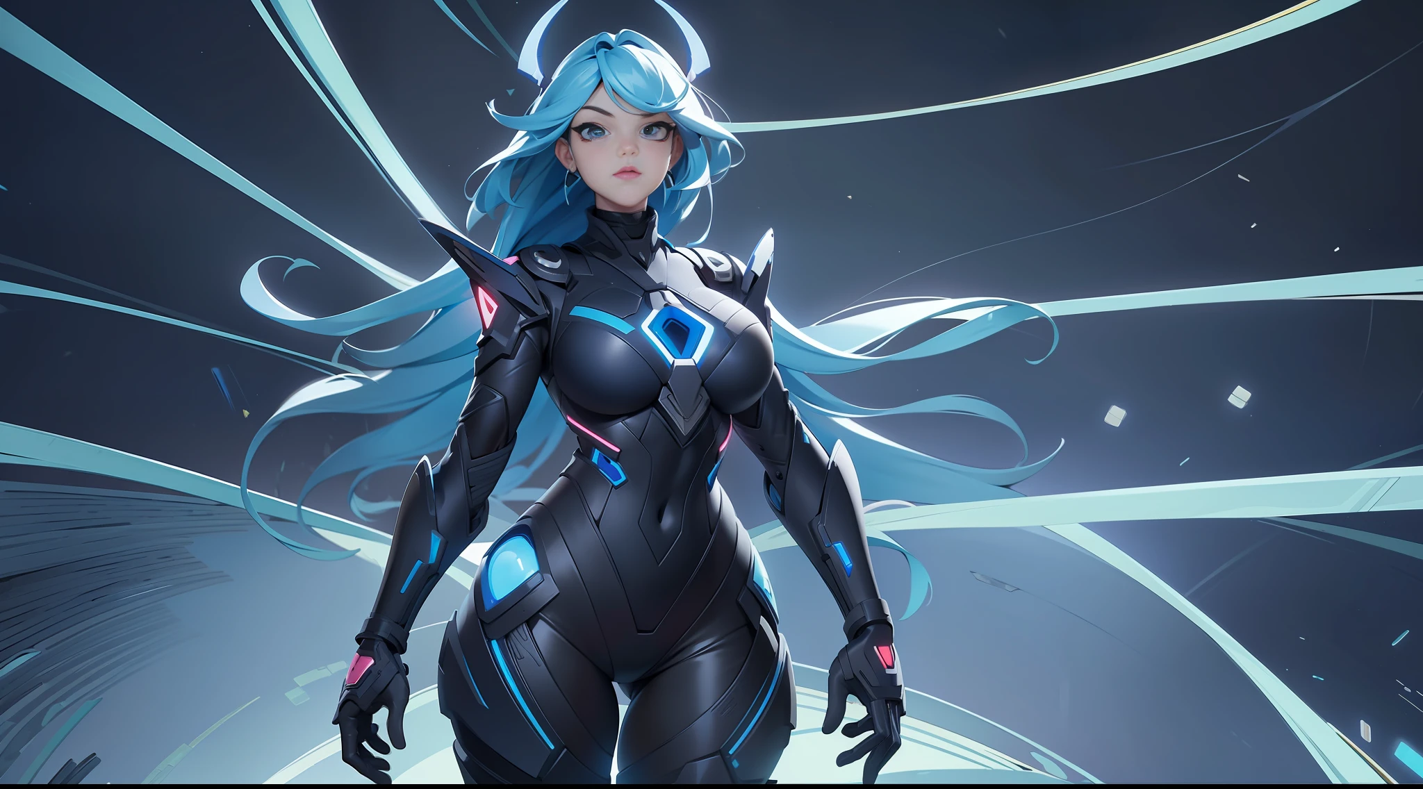 full body picture Unreal Engine 5 8K UHD of a beautiful adult girl, curvy blue hair, wearing futuristic black tight battle suit, futuristic half face mask, cobalt and navy light details, best quality, masterpiece
