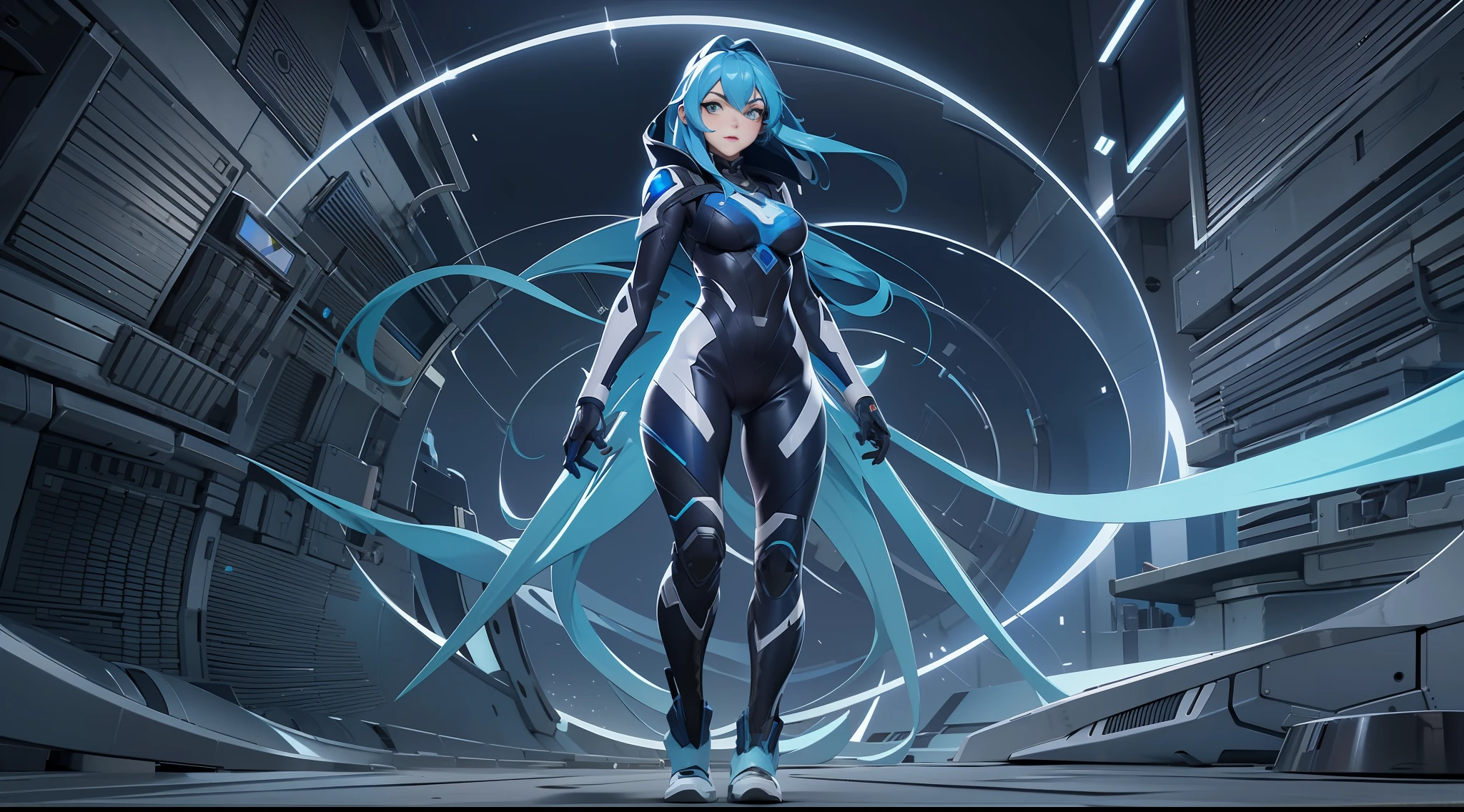 full body picture Unreal Engine 5 8K UHD of a beautiful adult girl, curvy blue hair, wearing futuristic black tight battle suit, futuristic half face mask, cobalt and navy light details, best quality, masterpiece