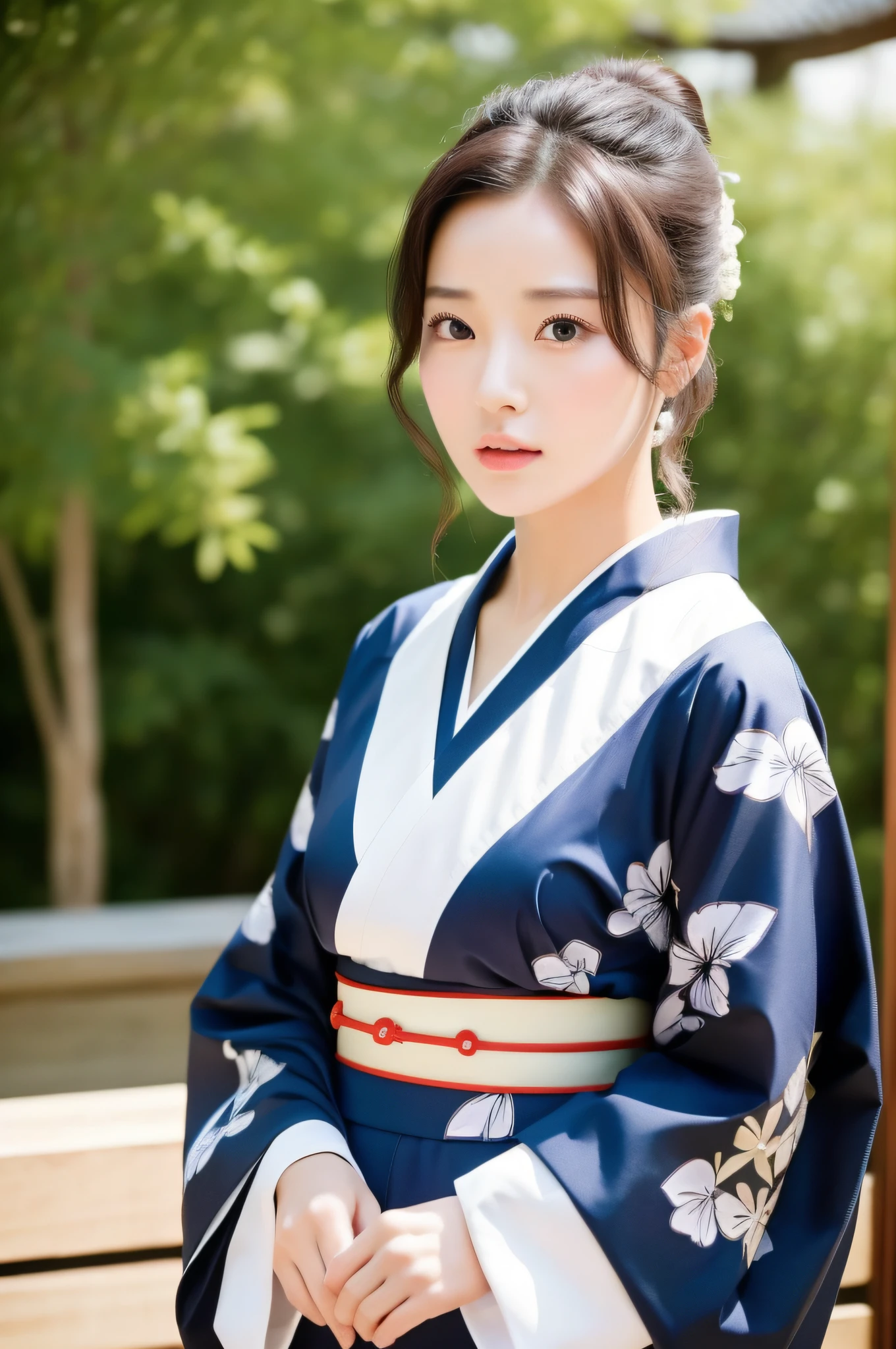 ((Top Quality, 8K, Masterpiece: 1.3)), Sharp Focus: 1.2, (Super Beautiful Face: 1.0), (Glossy Skin: 1.0), Realistic Photos, Black Hair, Realistic Pupils, Movie Lighting, Highly Detailed Eyes and Face, Movie Lighting, (Cowboy Shot: 1.0), (kimono, hakama, obi: 1.15), (Korean Cute Actress), in nature, classic kimono, good posture