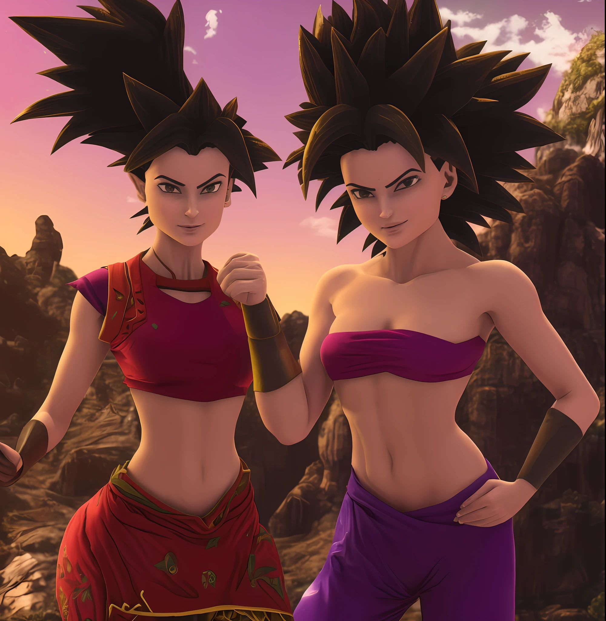 uma imagem  de duas mulheres bem encorpadas em torno dos 18 anos em roupas vermelhas e roxas (insanamente detalhado:1.5), mulher saiyajin, pose, Personagens Caulifla e Kale iw 2 --