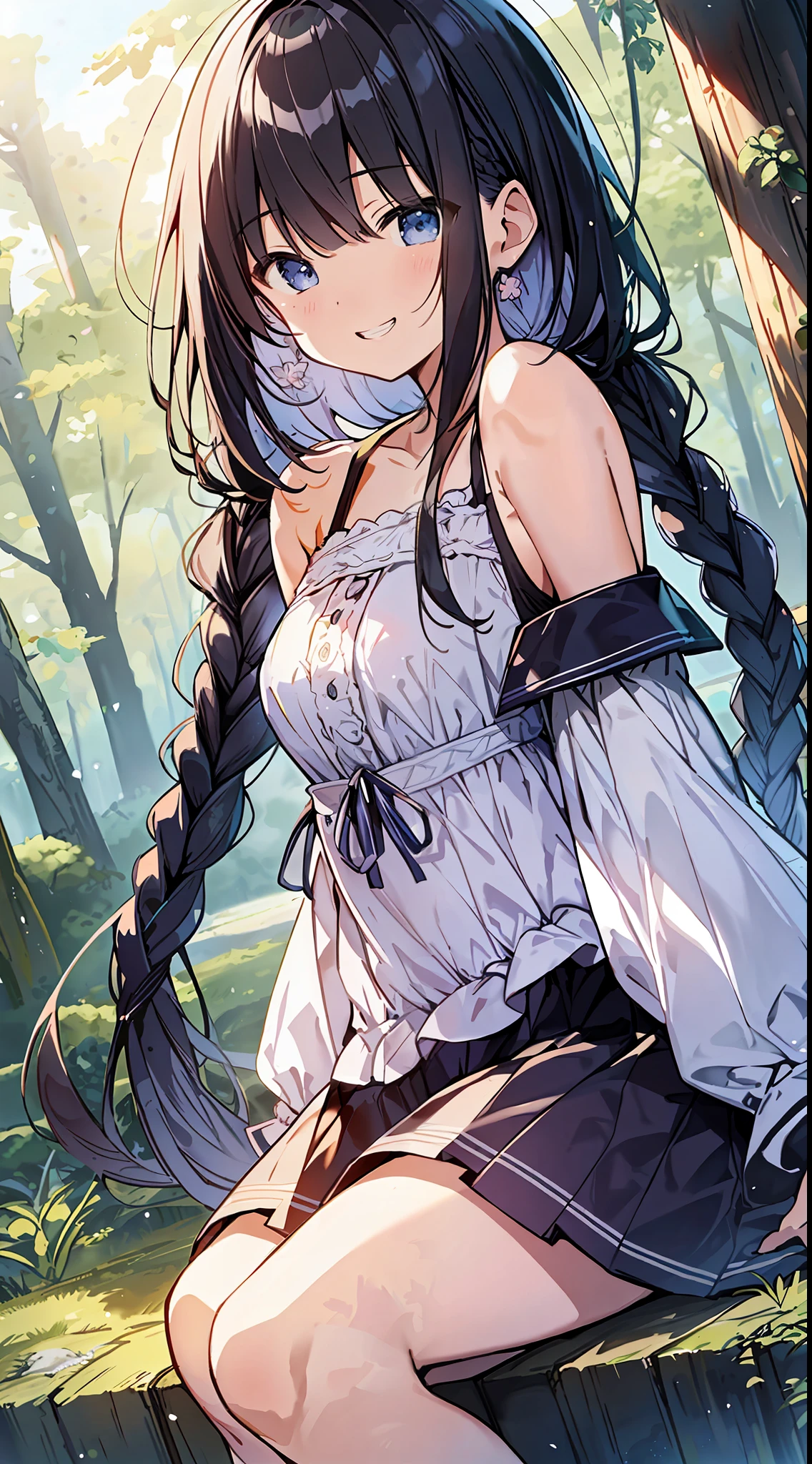 BEST QUALITY、masterpeace、Ultra High Res、8k、((Summer clothes))、Shoujo manga style loli、 1 person、Soft lineart、Digital Enhancement、A touch of shoujo manga、Shoujo Mangacore、Flowing fabric、crose up、((Hair length to the shoulders and short braids))、Staring at us from the front、Soft drawing、beautiful black hair、Clear eyes、grin, War, wide mouth、An ultra-detailed digital anime art、Clear face depiction、Super detailed shoujo manga character art、An ultra-detailed manga style、Highest quality colors、Hand gestures、Angles that can be seen up to your feet、Scenery with nature