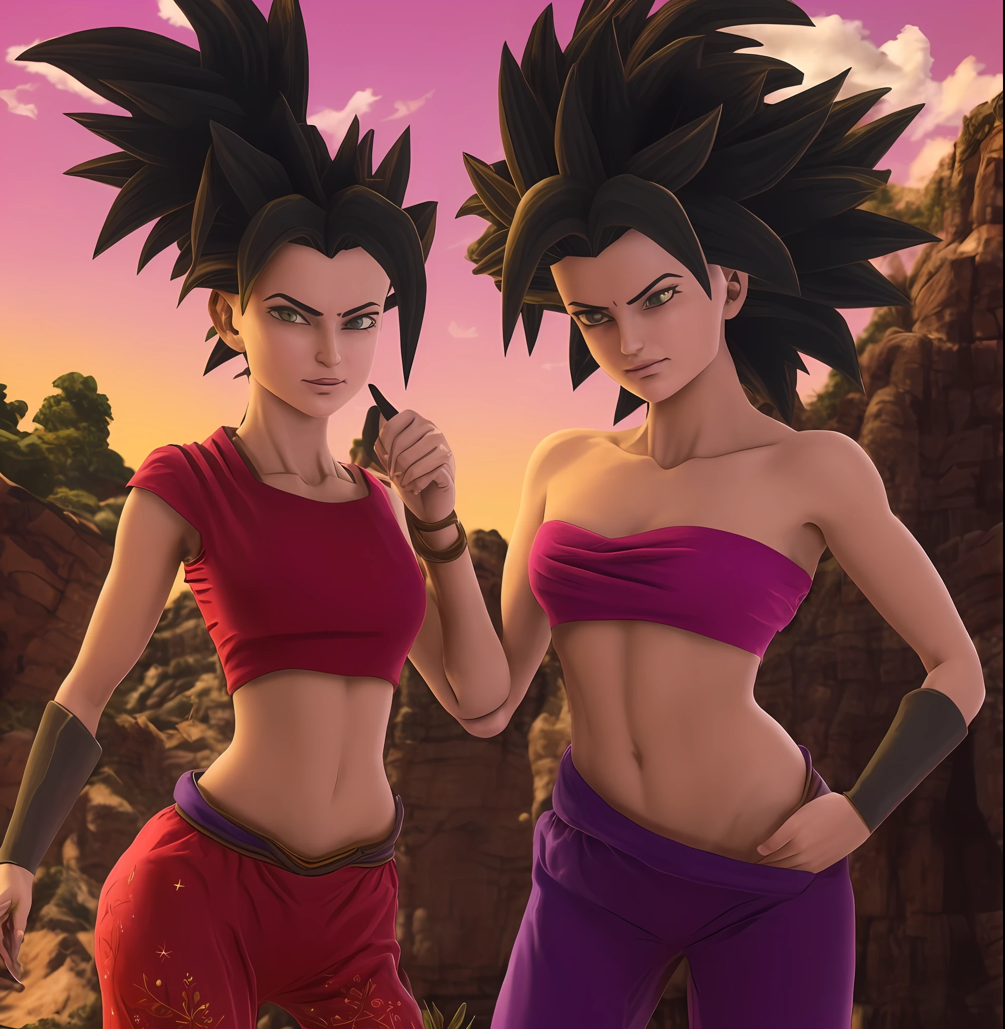 uma imagem  de duas mulheres bem encorpadas em torno dos 18 anos em roupas vermelhas e roxas (insanamente detalhado:1.5), mulher saiyajin, pose, Personagens Caulifla e Kale iw 2 --