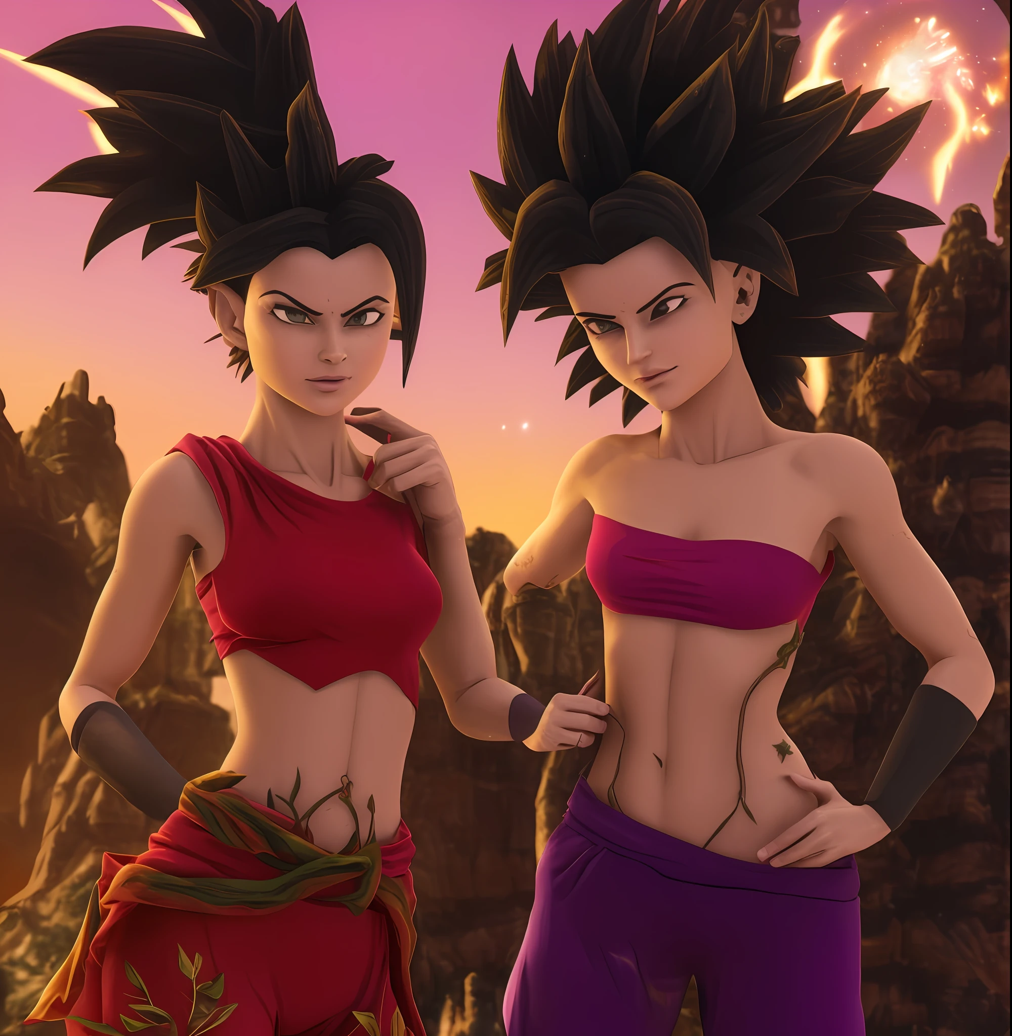 uma imagem  de duas mulheres bem encorpadas em torno dos 18 anos em roupas vermelhas e roxas (insanamente detalhado:1.5), mulher saiyajin, pose, Personagens Caulifla e Kale iw 2 --