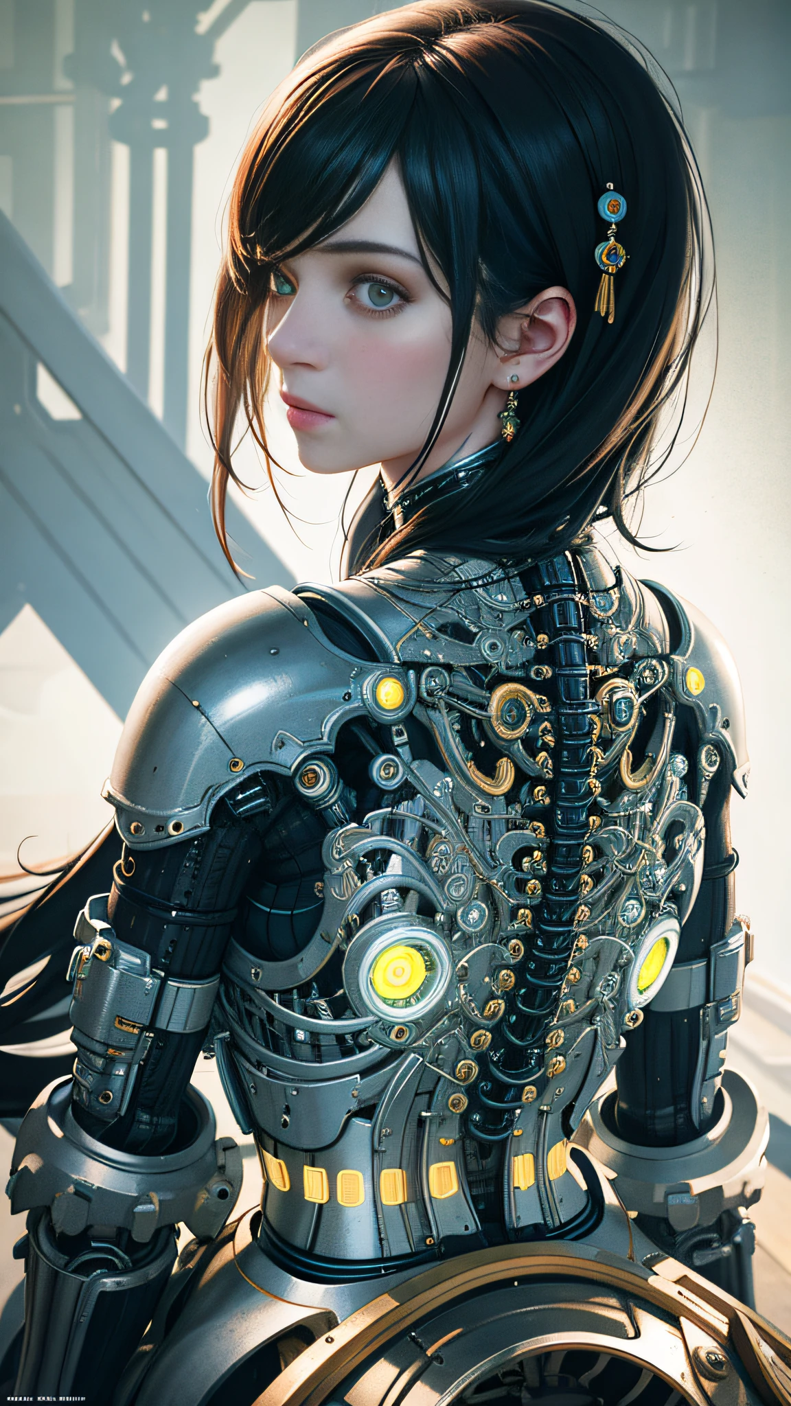 1mechanical girl,((ultra realistic details)), portrait, global illumination, shadows, octane render, 8k, ultra sharp,metal,intricate, ornaments detailed, cold colors, egypician detail, highly intricate details, realistic light, trending on cgsociety, glowing eyes, facing camera, neon details, machanical limbs,blood vessels connected to tubes,mechanical vertebra attaching to back,mechanical cervial attaching to neck,sitting,wires and cables connecting to head, Big boobs