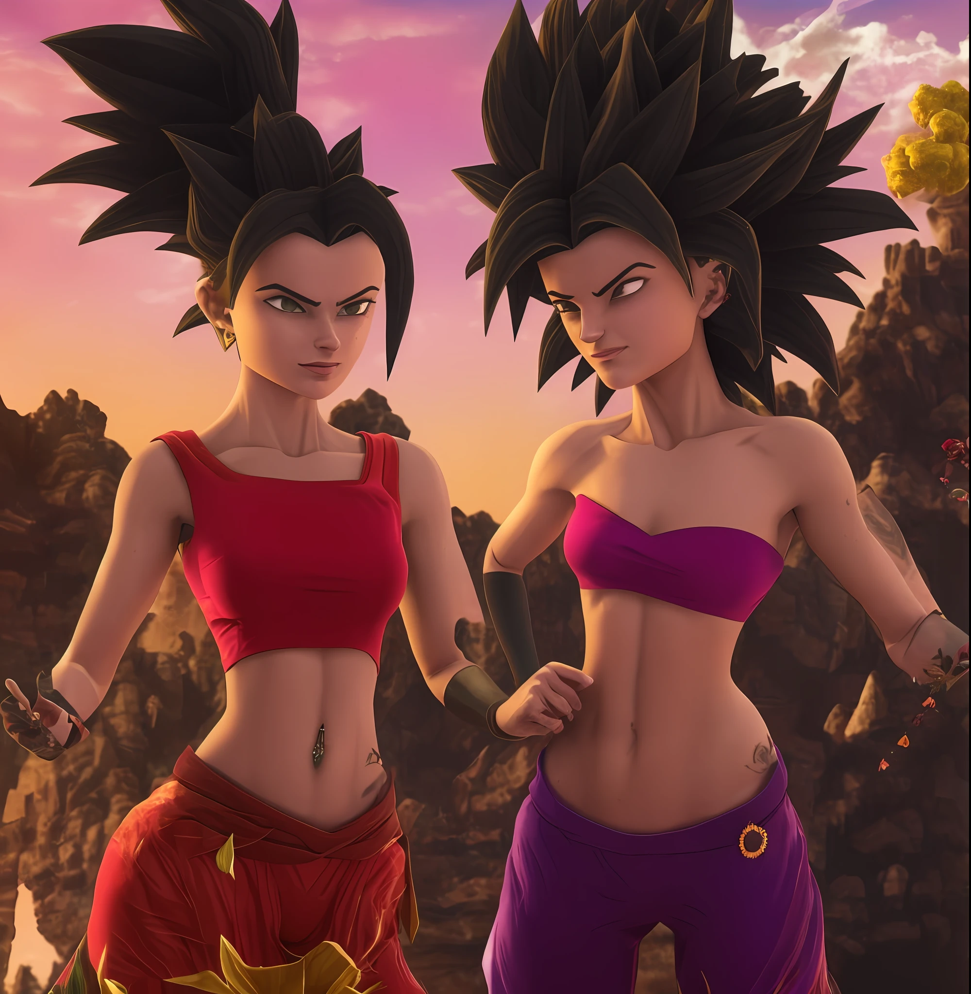 uma imagem  de duas mulheres bem encorpadas em torno dos 18 anos em roupas vermelhas e roxas (insanamente detalhado:1.5), mulher saiyajin, pose, Personagens Caulifla e Kale iw 2 --