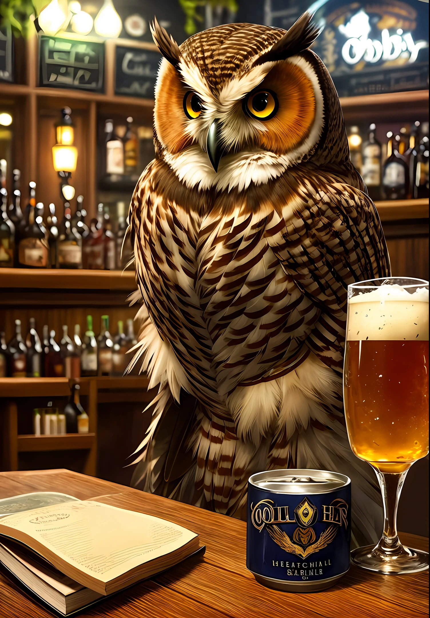 **an owl with many beers and some books sitting at a bar, in the style of goblin academia, photorealistic portraits, inventive character designs, detailed costumes, cryengine, fawncore, charming characters