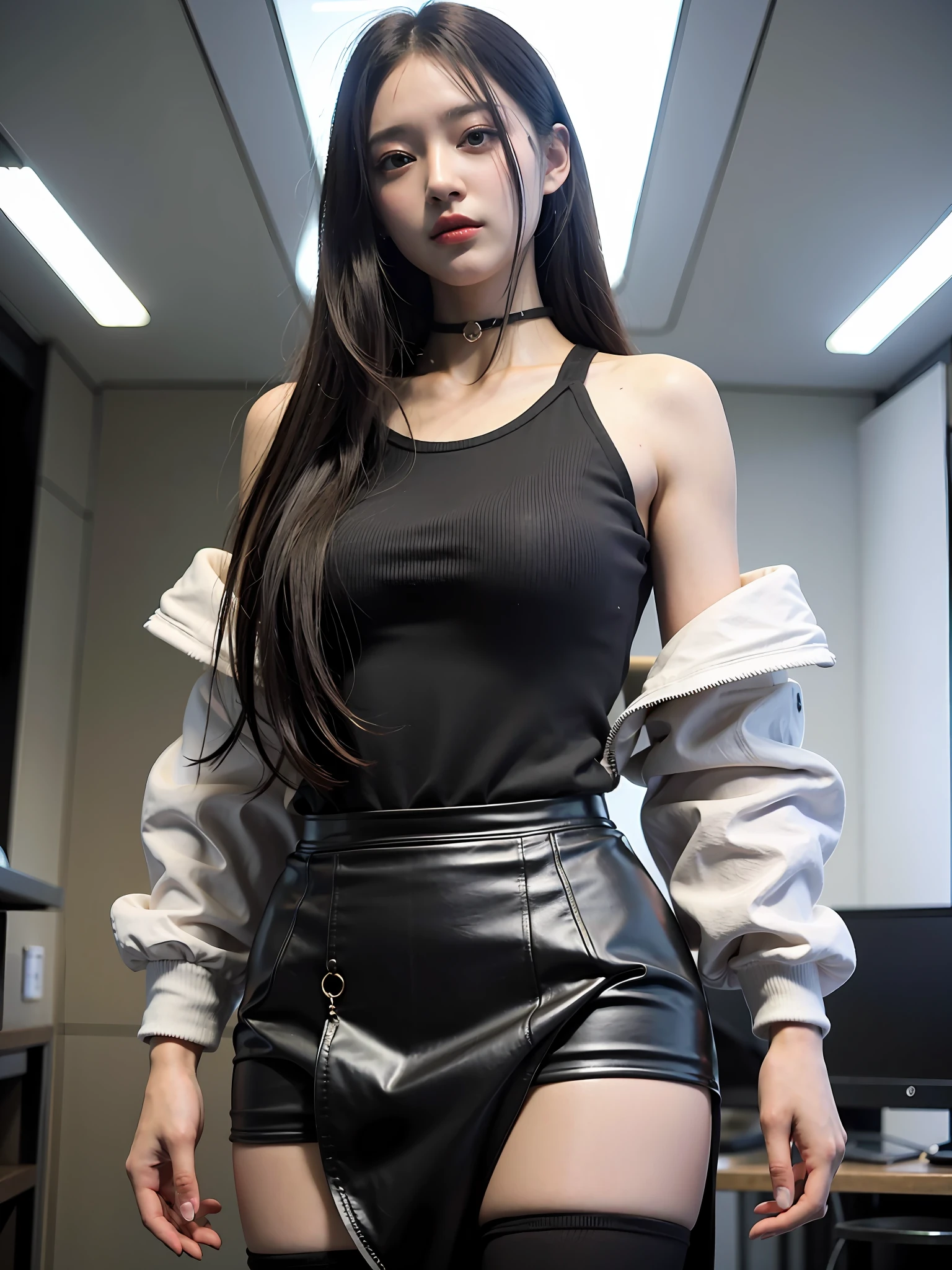 Anime girl, masterpiece, half jacket revealing shoulders, skirt, cyberpunk, futuristic, 4k, best girl, beautiful woman