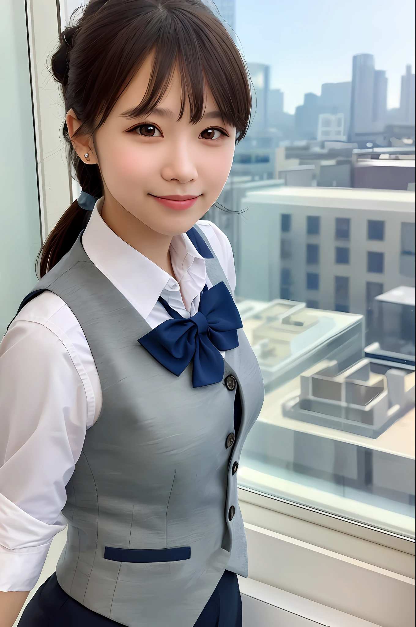 1girl, matured female, vest, bow, photo, realistic, best quality, hires, detailed face, office, buildings from window, detailed background, diffused sunlight, depth of field, bokeh