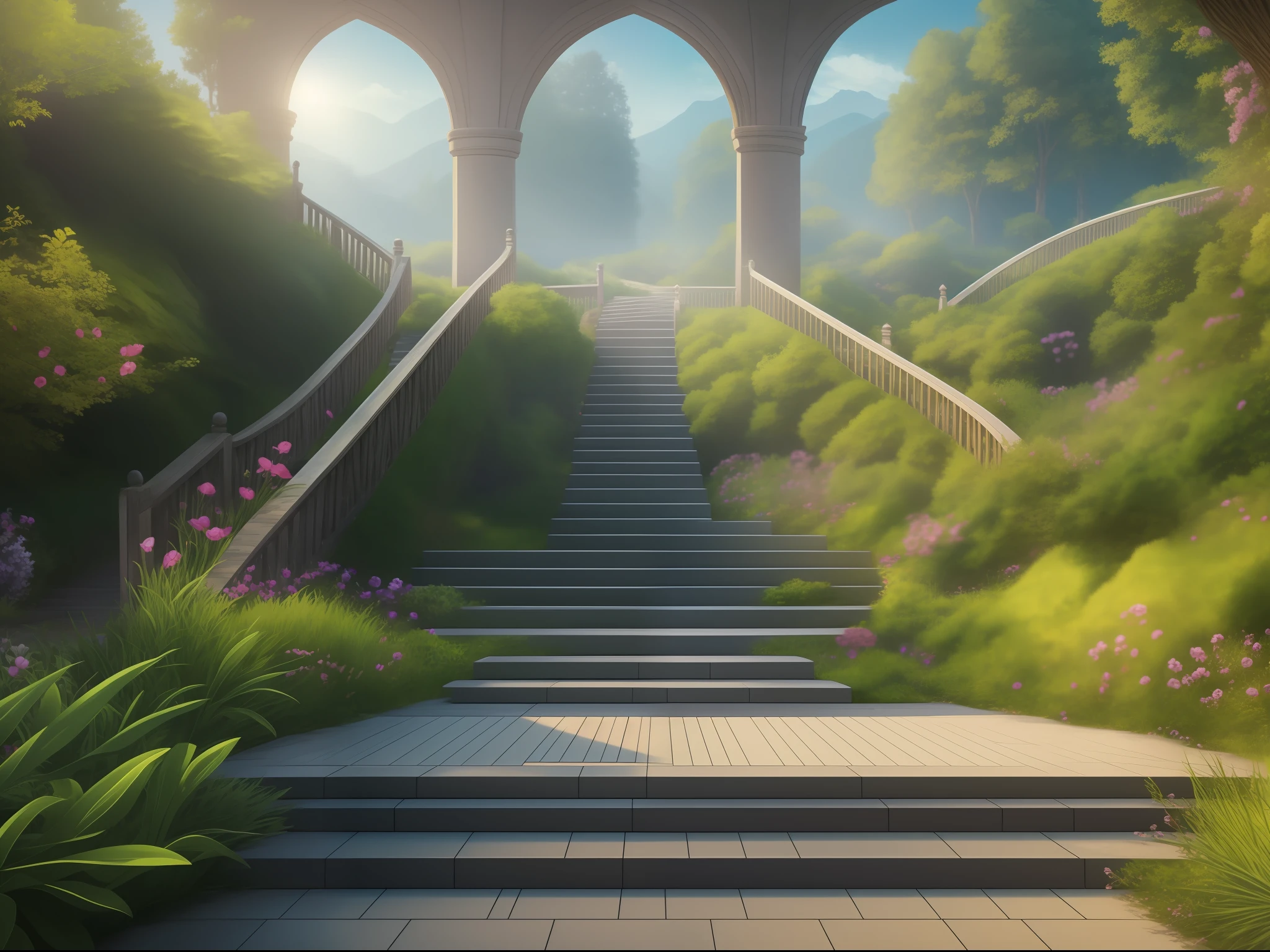 backround, CG, wuxiaworld, a long stairs toward the Gate of the Fairyland, realistic, panorama, ray tracing, reflection light, polar opposites, 8K, masterpiece, best quality, high quality, high details, super detail, highres, UHD